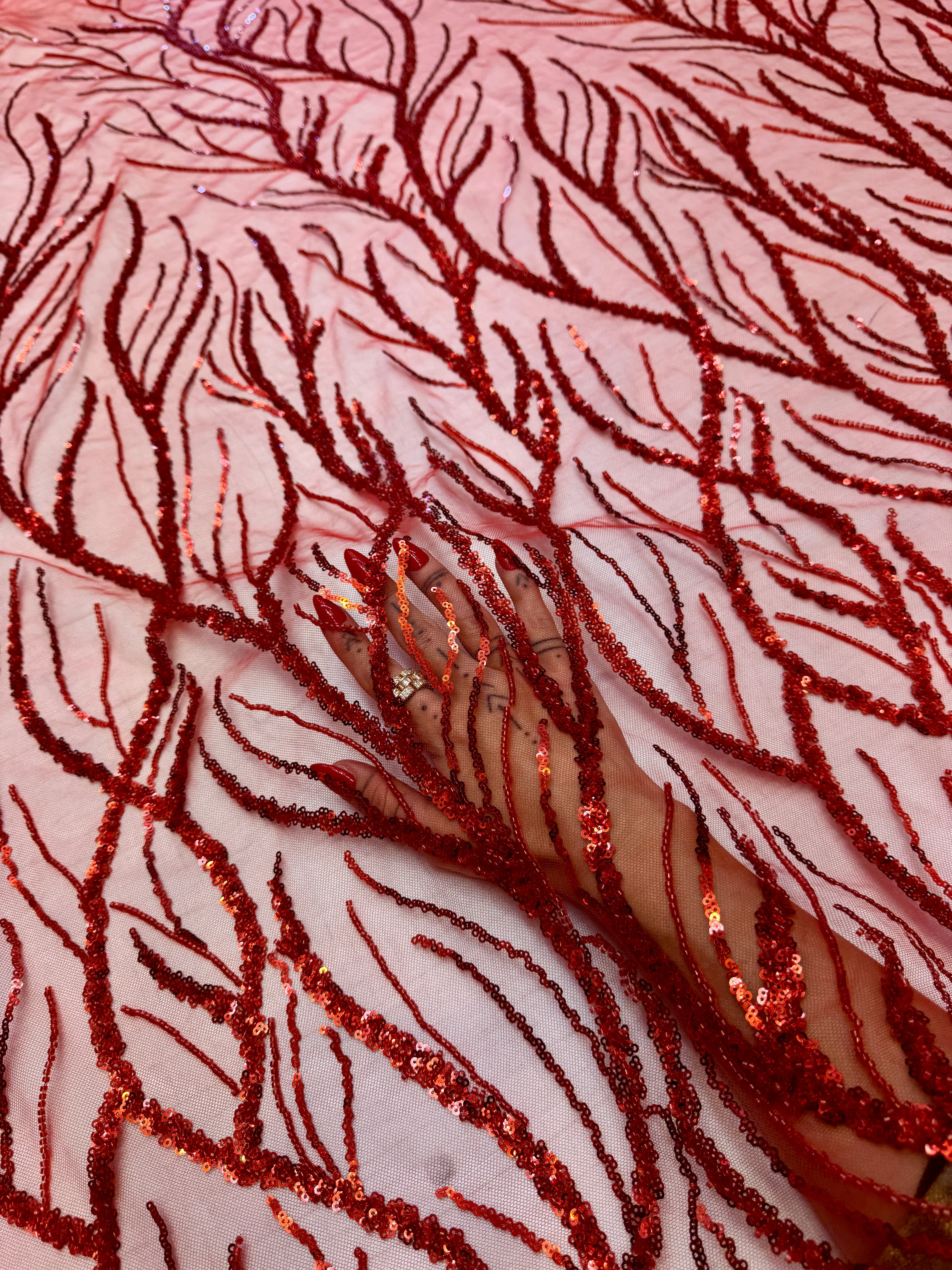 Red Abstract Branch Beaded Sequin Lace on Mesh - Image 8