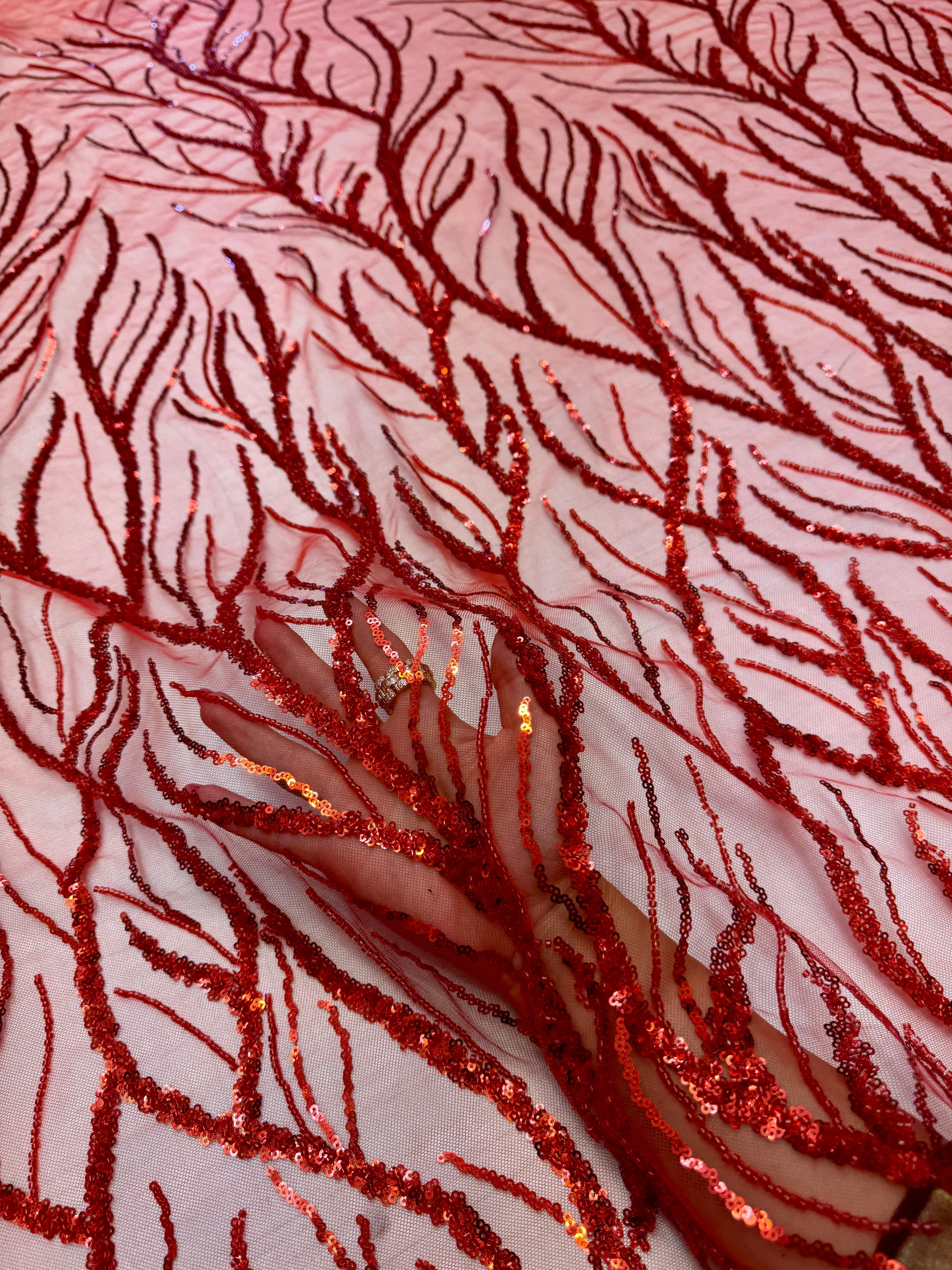 Red Abstract Branch Beaded Sequin Lace on Mesh - Image 9