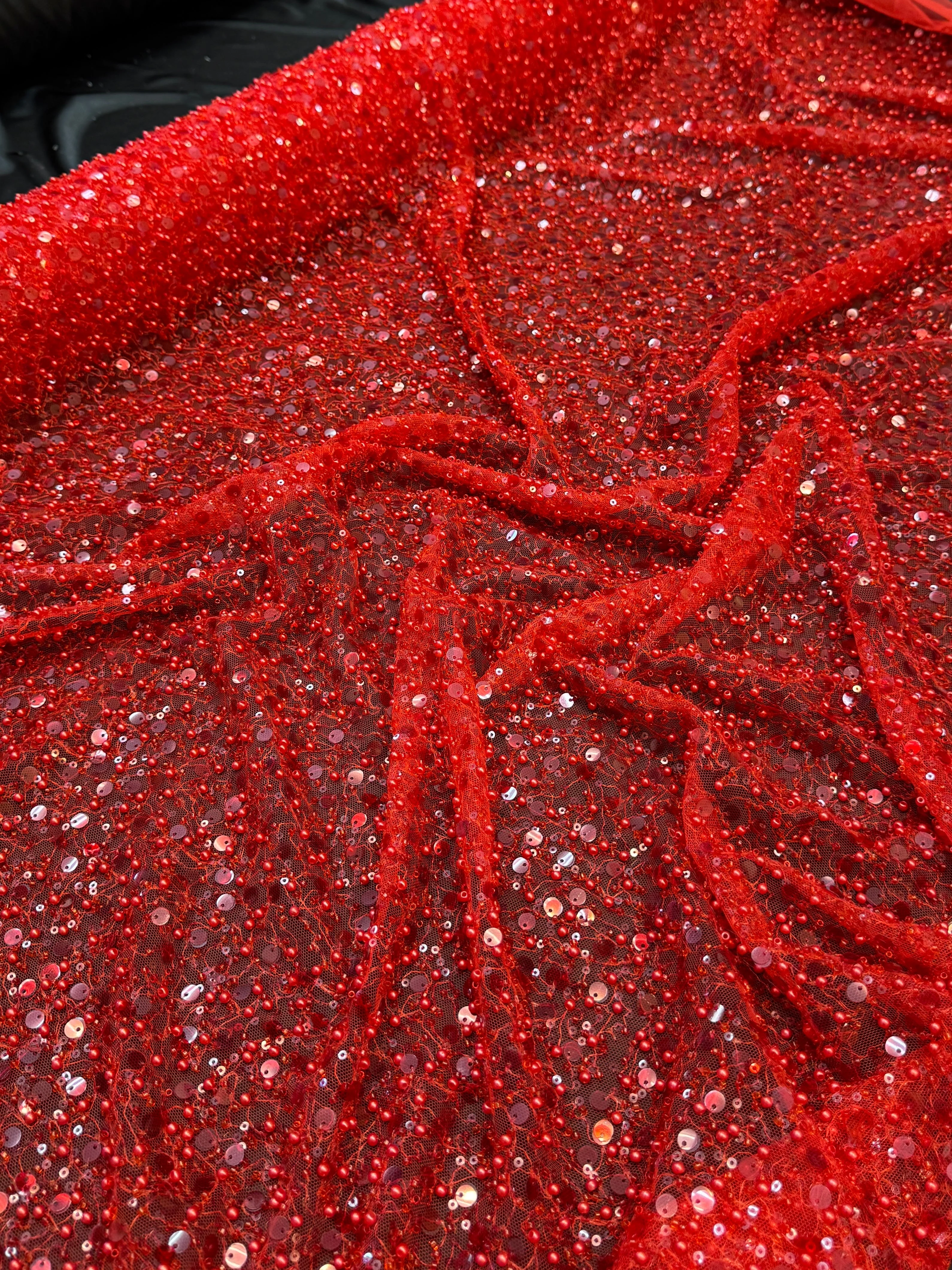 Red Beaded Sequin Pearl Embroidered Mesh Lace