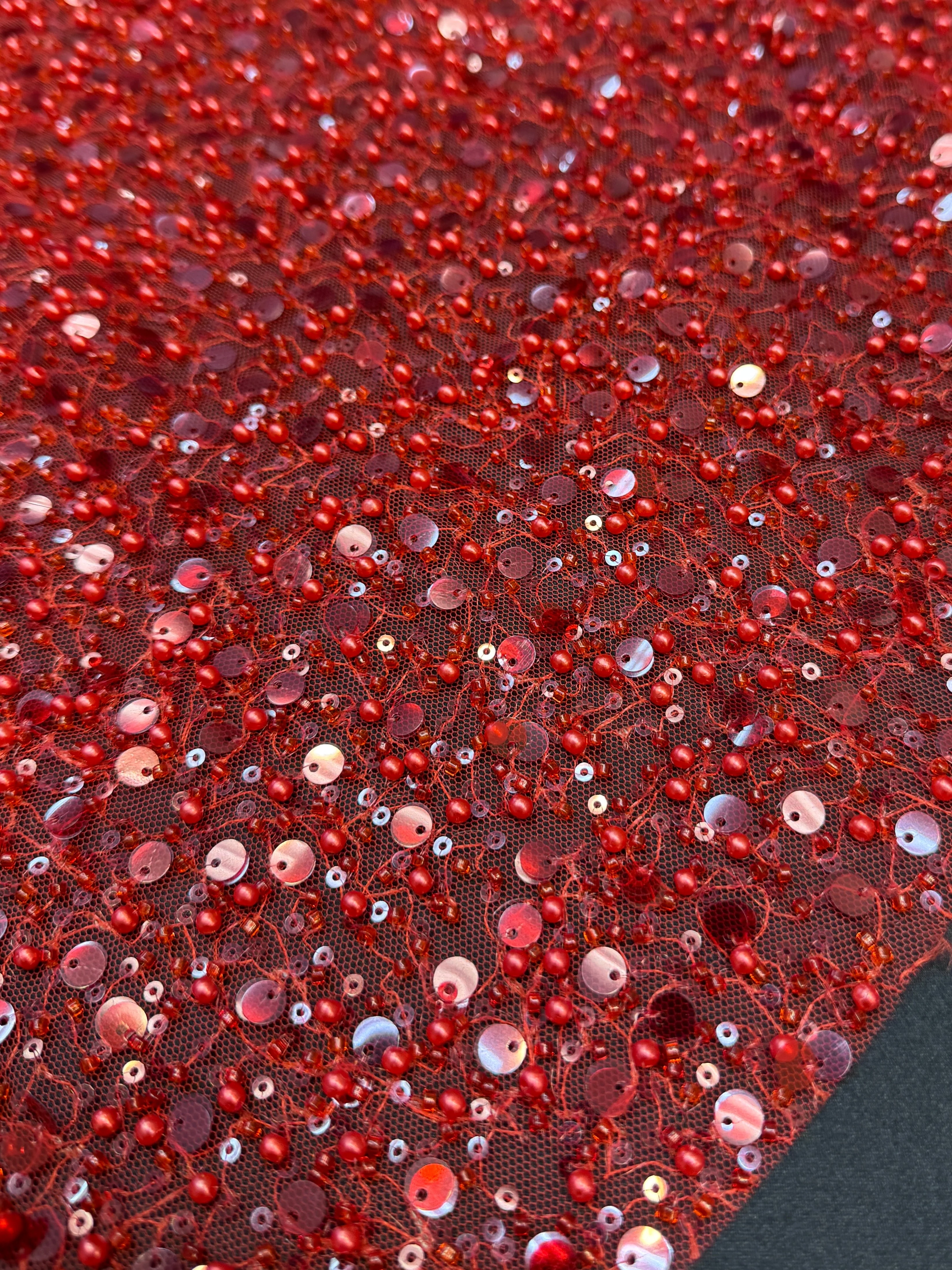 Red Beaded Sequin Pearl Embroidered Mesh Lace - Image 2