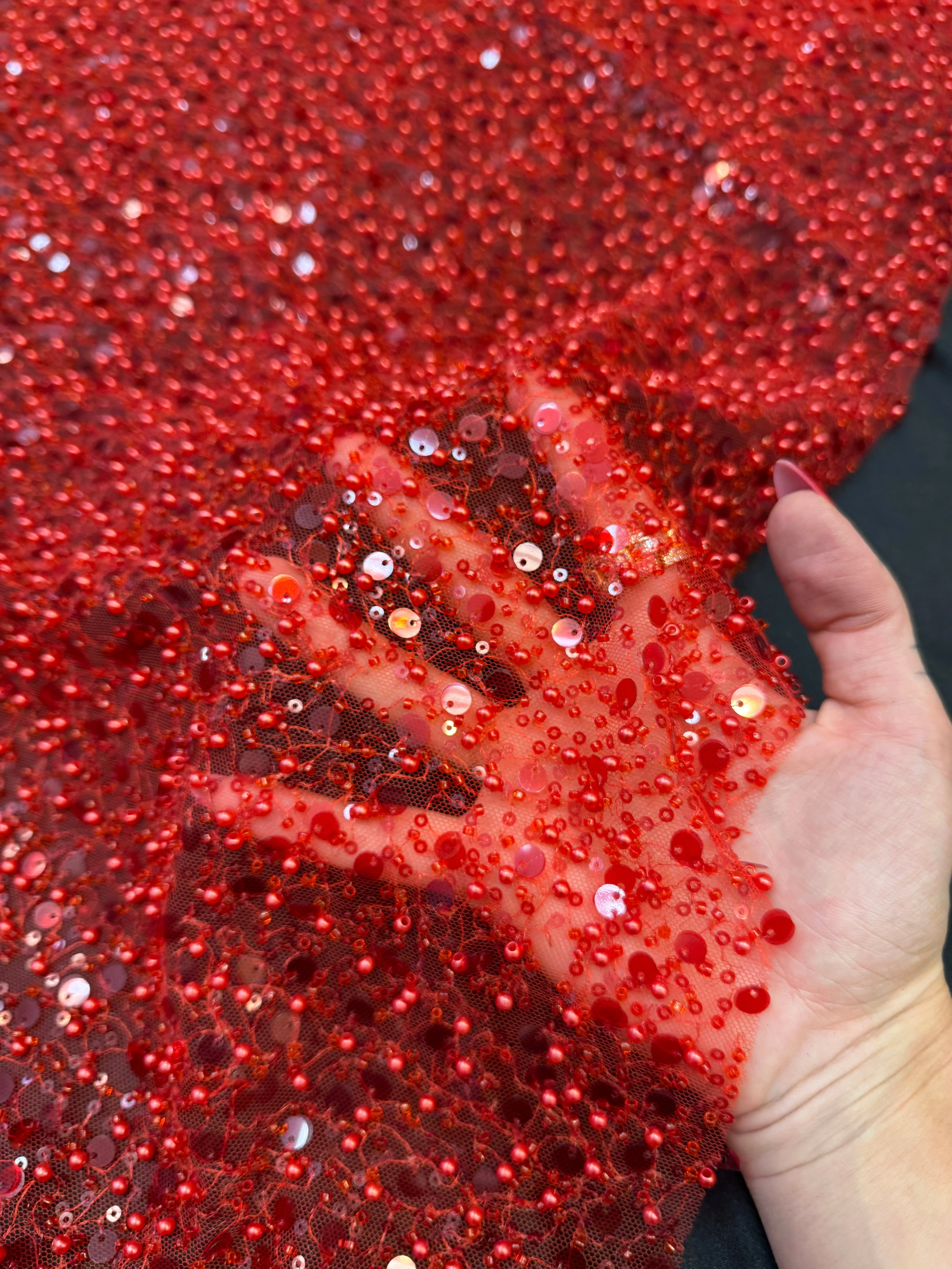 Red Beaded Sequin Pearl Embroidered Mesh Lace - Image 3