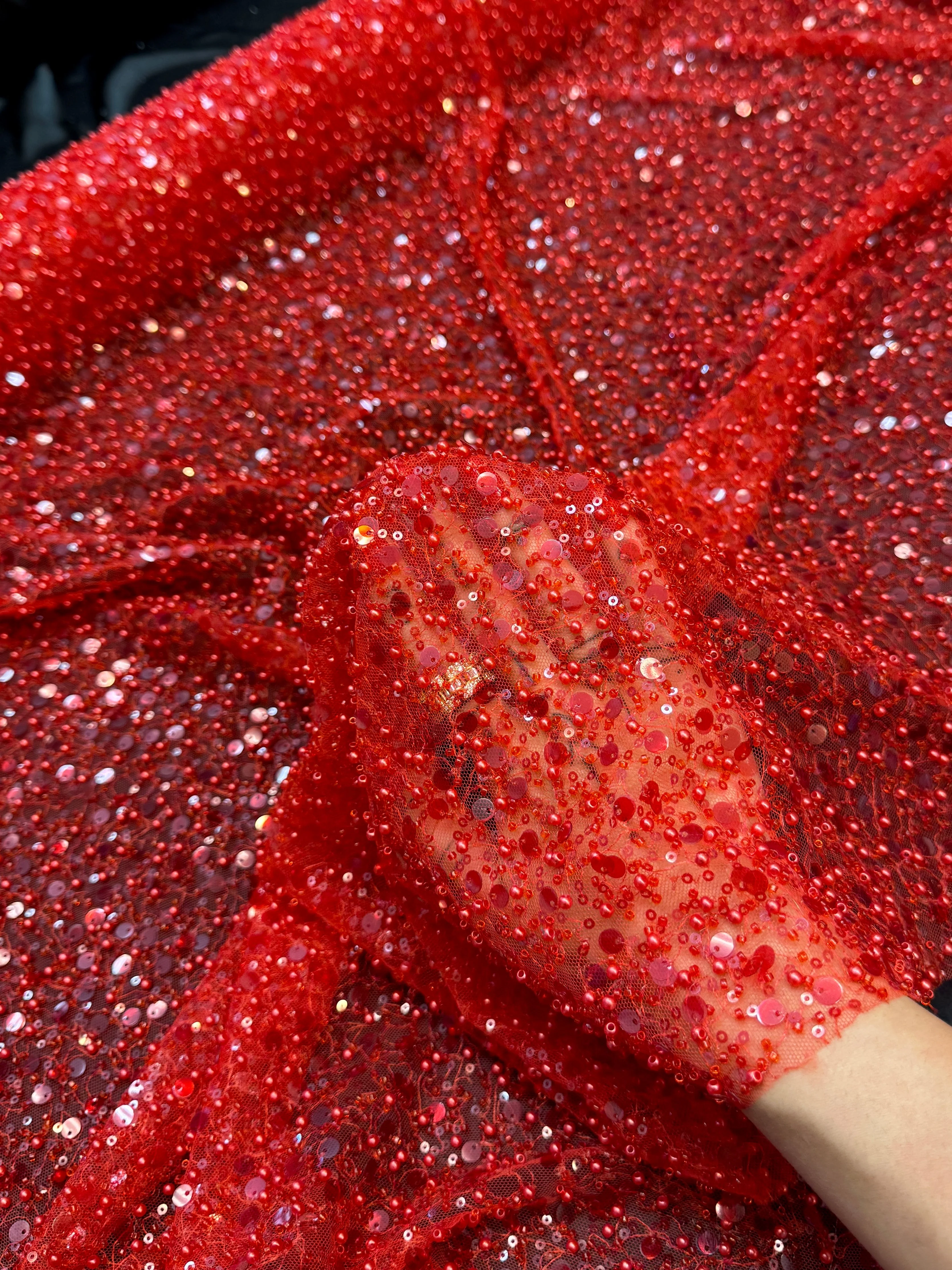 Red Beaded Sequin Pearl Embroidered Mesh Lace - Image 4