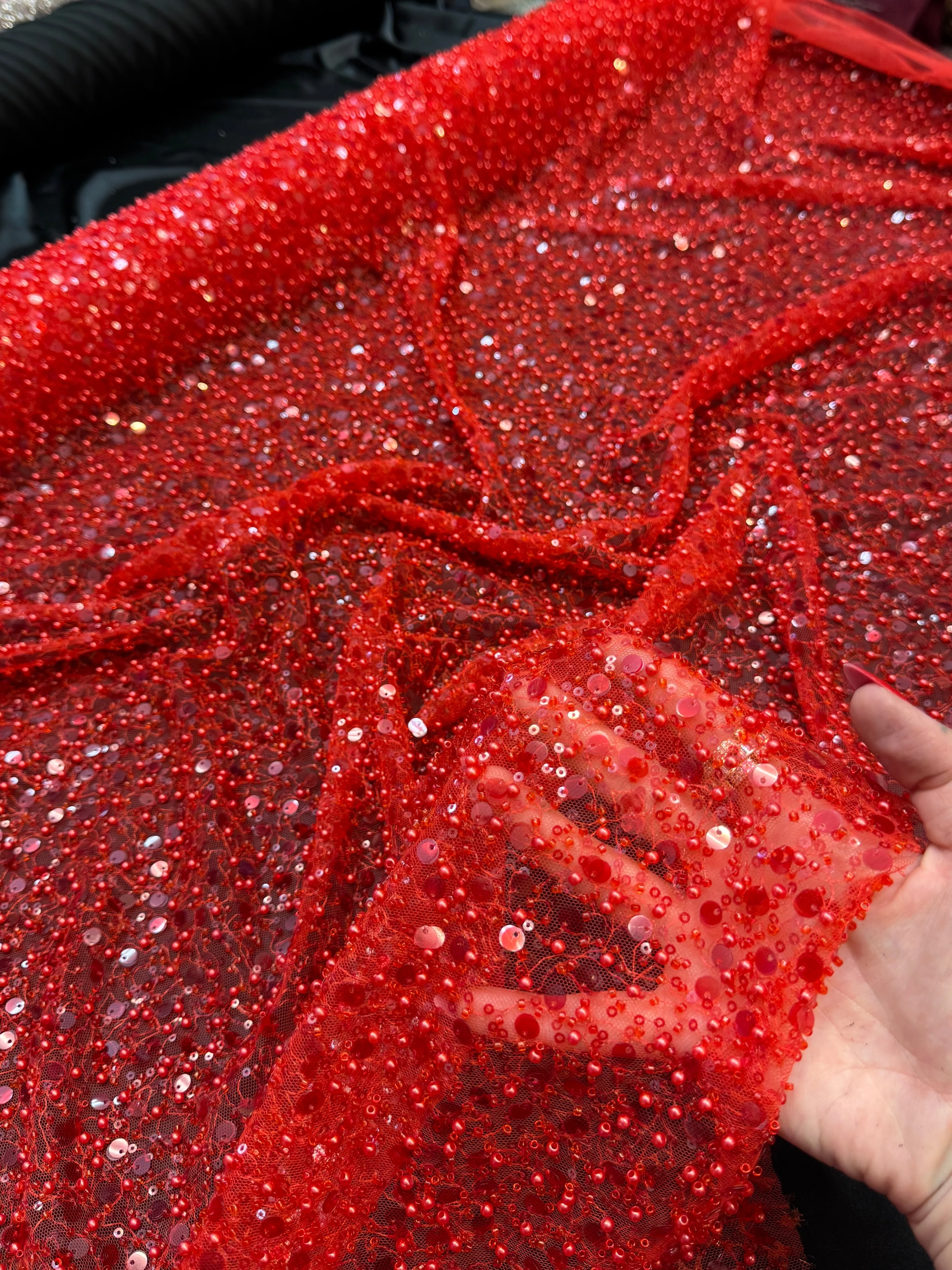 Red Beaded Sequin Pearl Embroidered Mesh Lace - Image 5