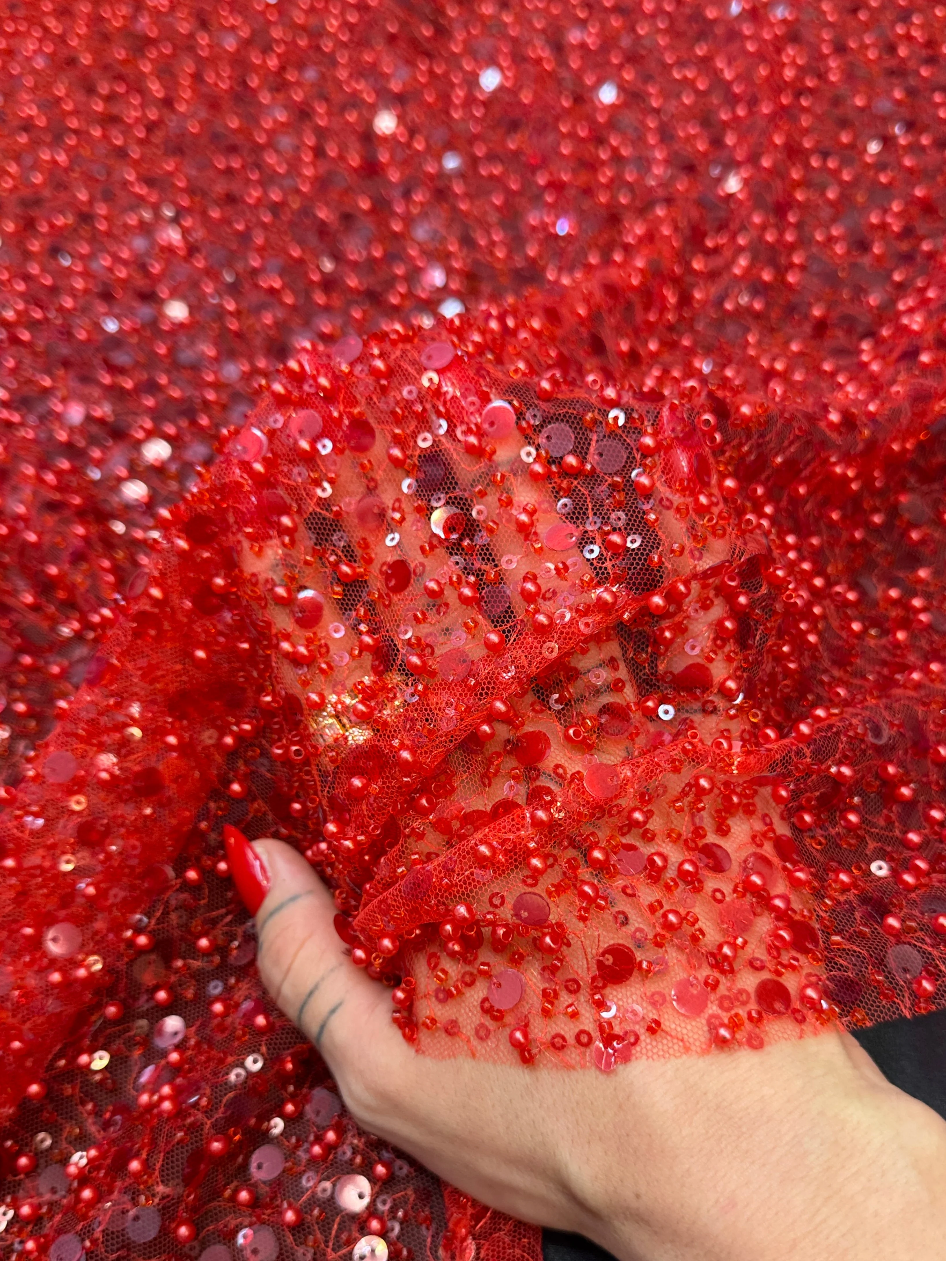 Red Beaded Sequin Pearl Embroidered Mesh Lace - Image 6