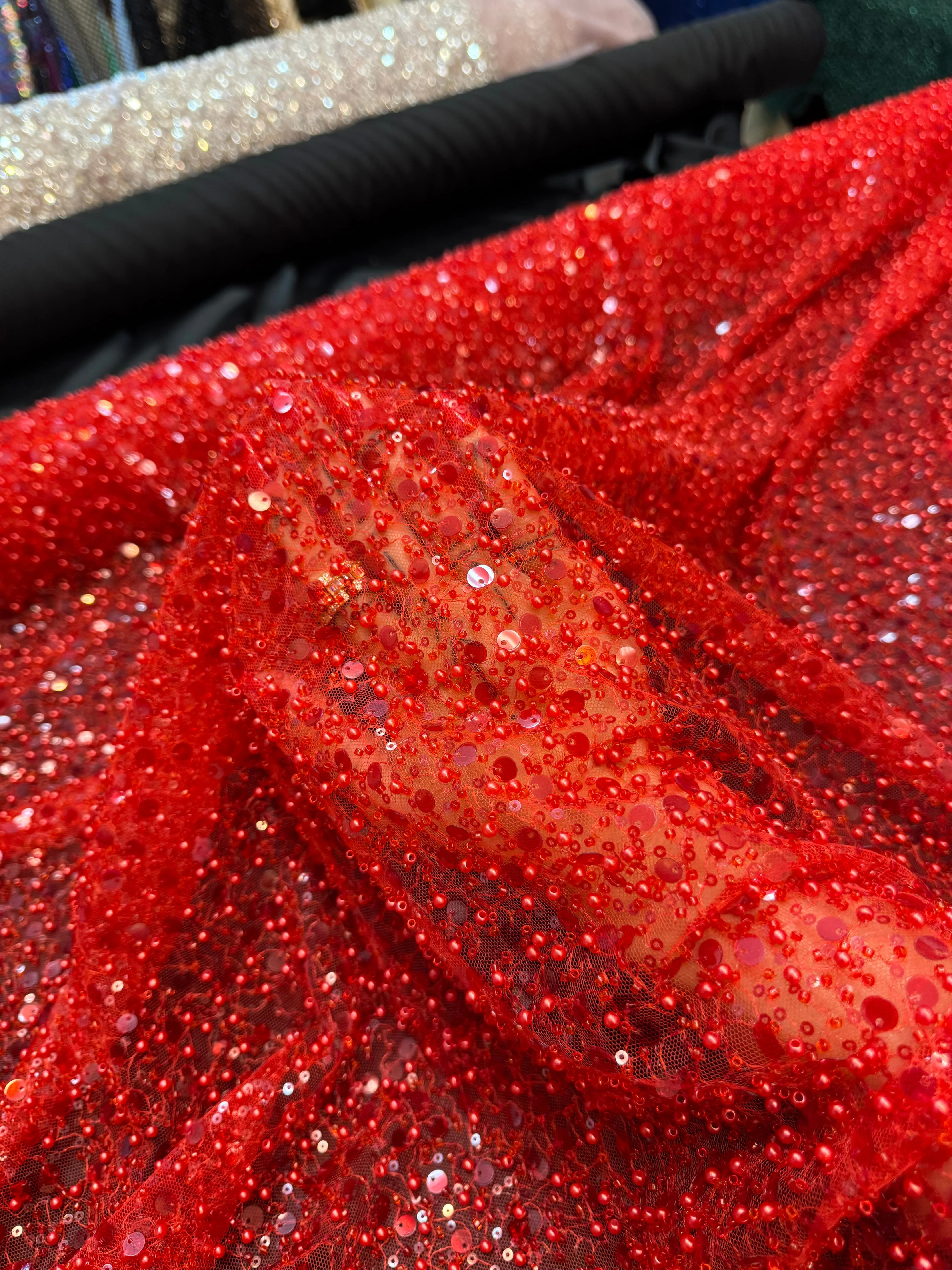 Red Beaded Sequin Pearl Embroidered Mesh Lace - Image 7