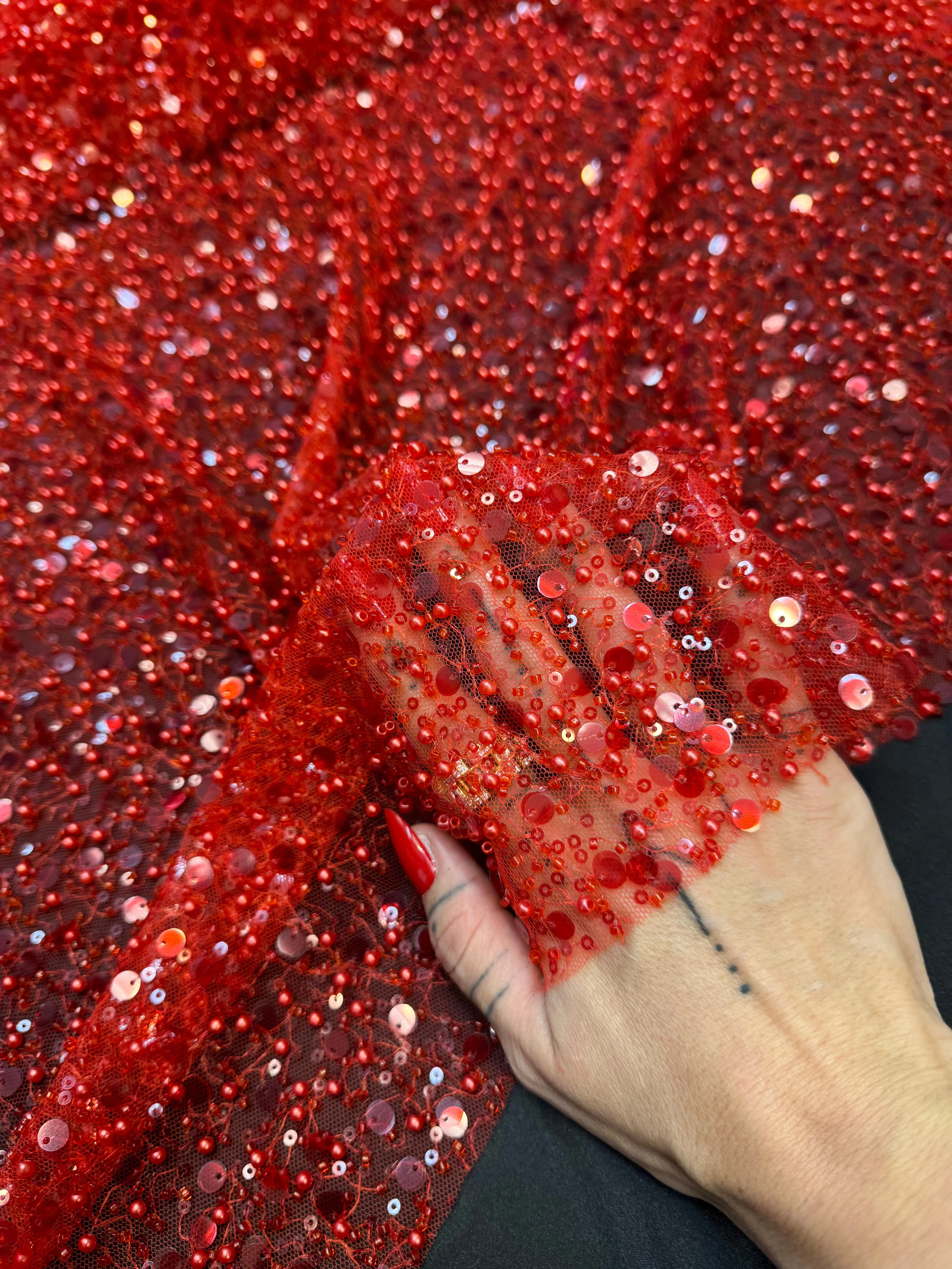 Red Beaded Sequin Pearl Embroidered Mesh Lace - Image 8
