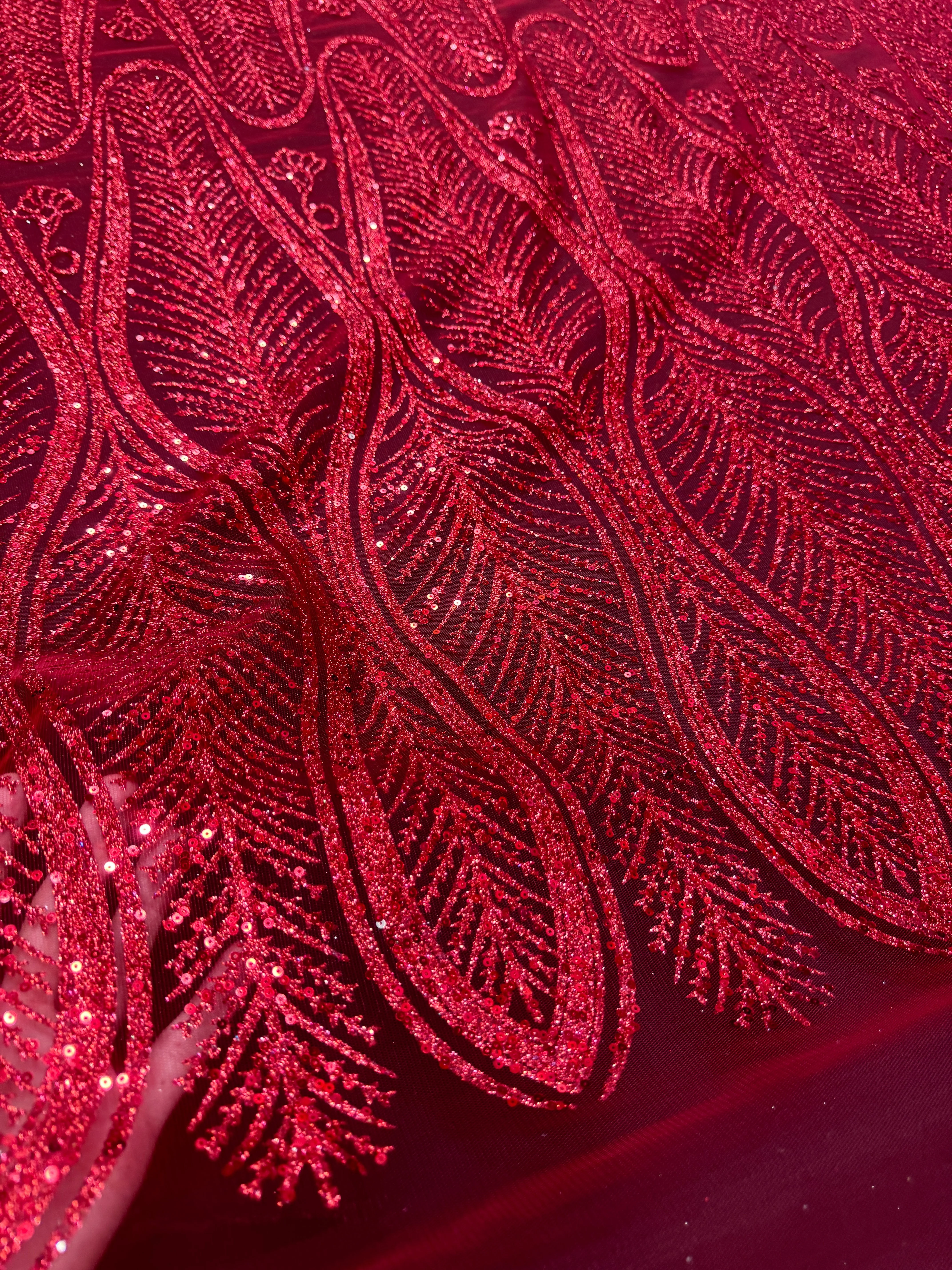 Red Glitter Sequin Geometric Lace - Image 2