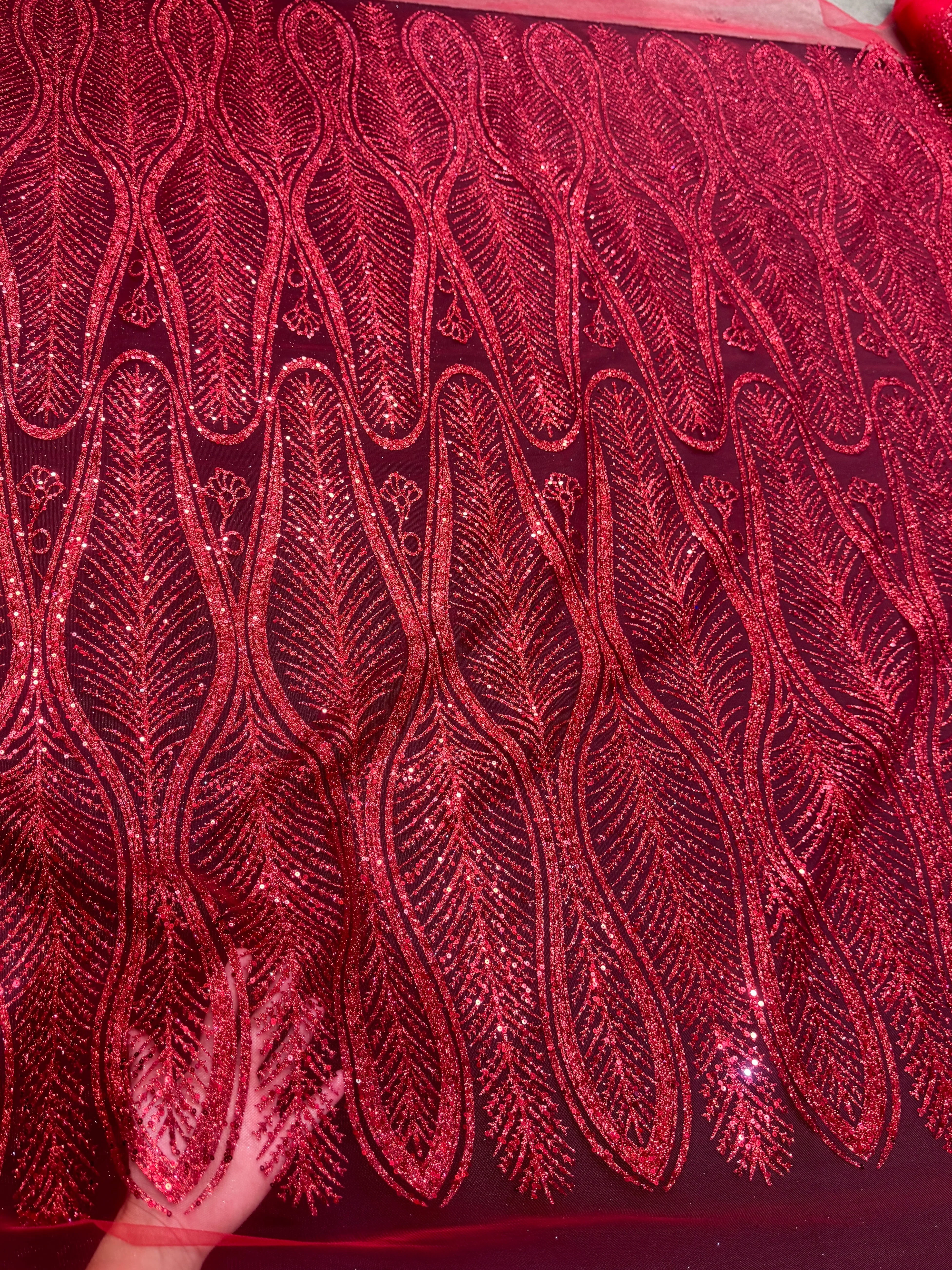 Red Glitter Sequin Geometric Lace - Image 5