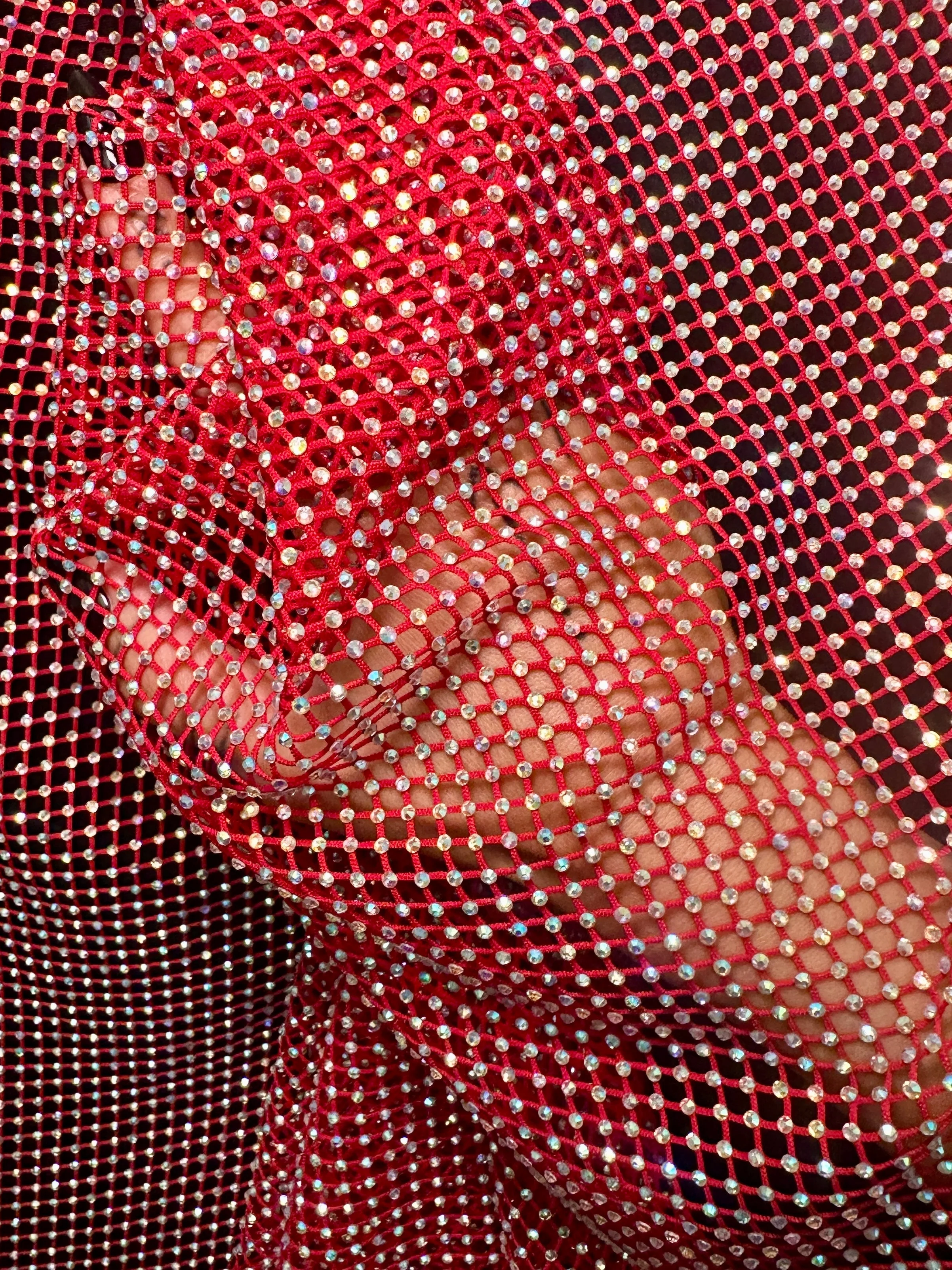 Red Rhinestone Diamond Fishnet Mesh - Image 2