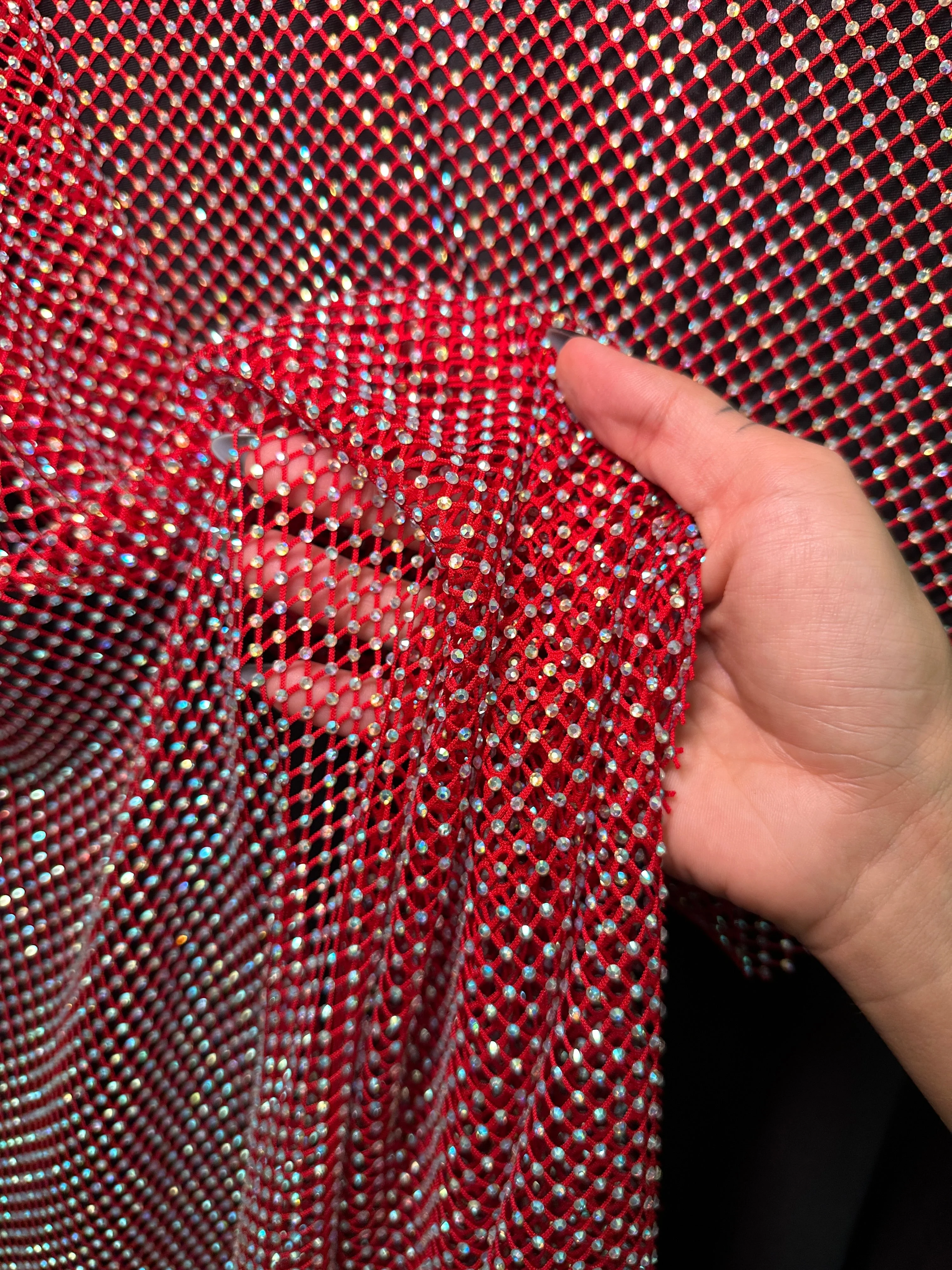 Red Rhinestone Diamond Fishnet Mesh - Image 4