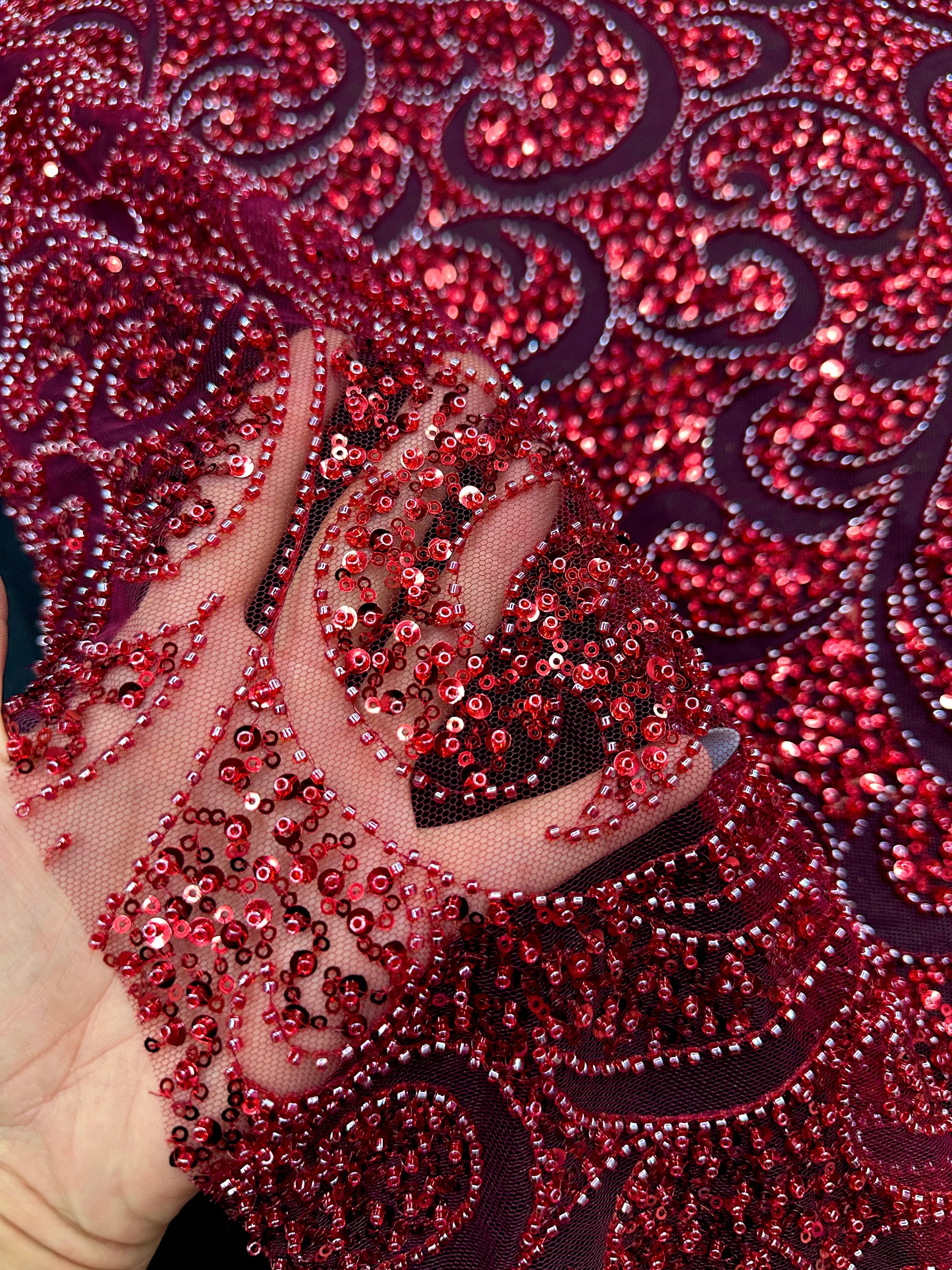 Burgundy Sequin Beaded Scroll Lace on Mesh - Image 3