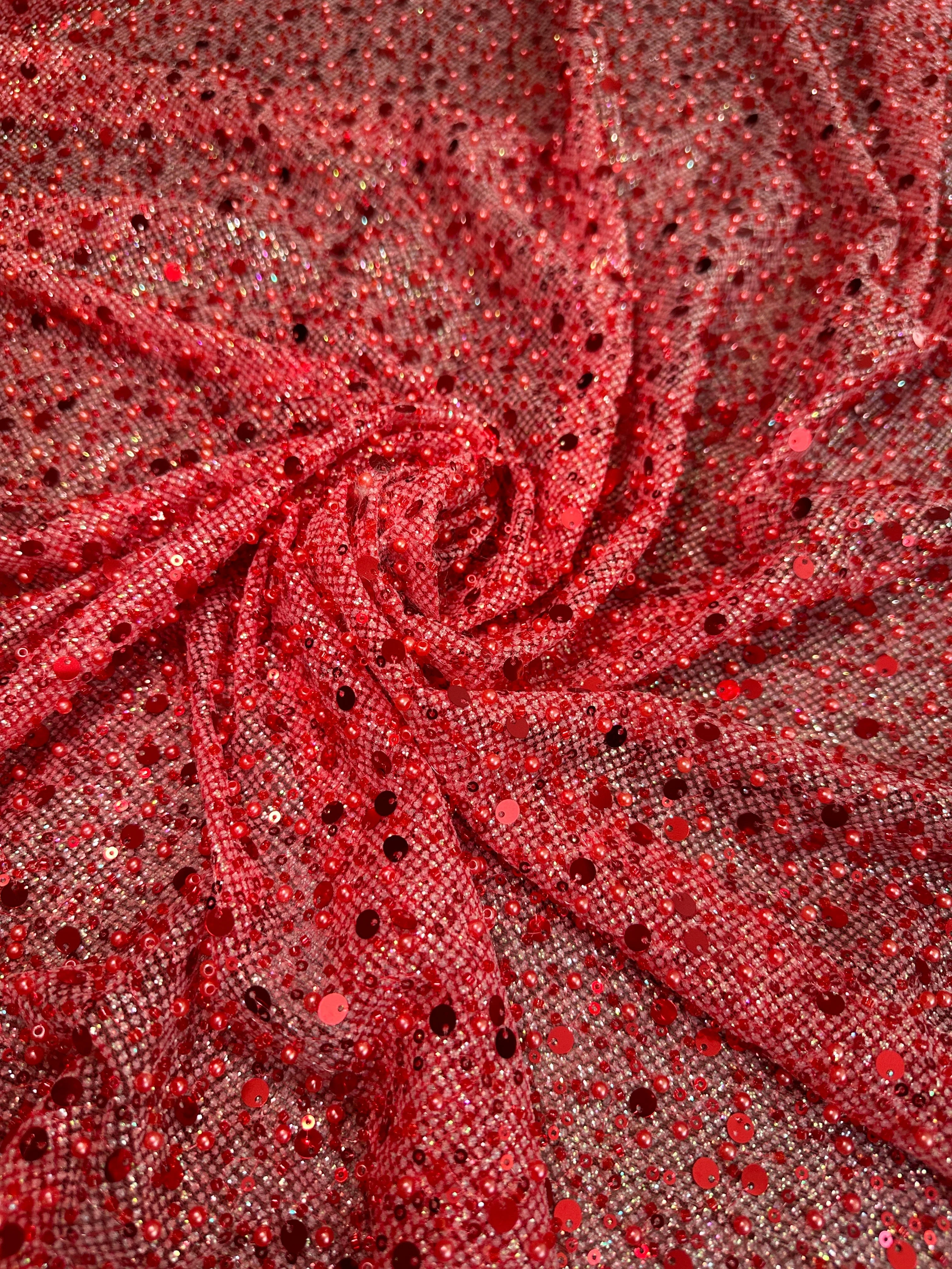 Red Sequin Pearl Beaded Mesh