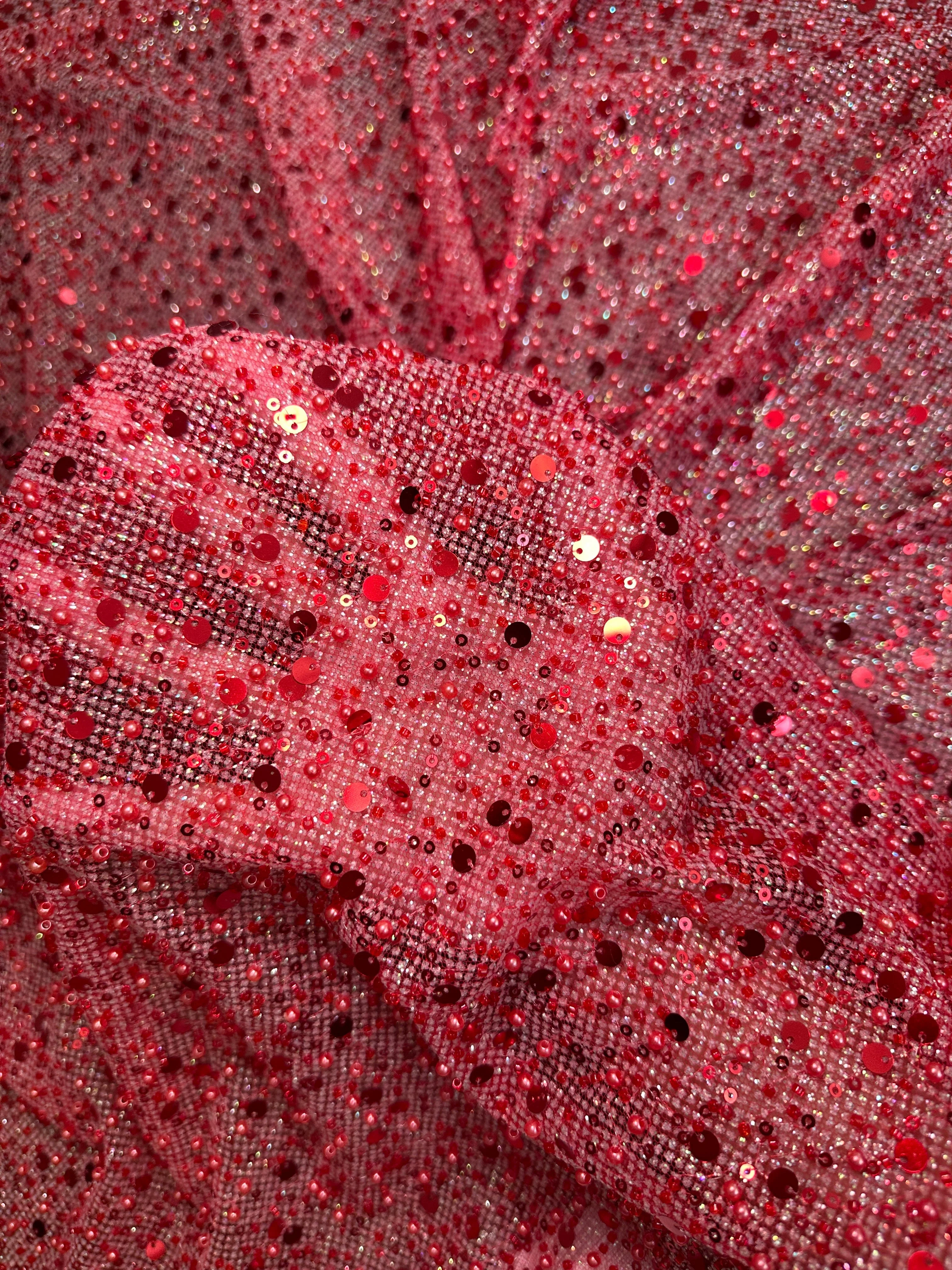 Red Sequin Pearl Beaded Mesh - Image 10