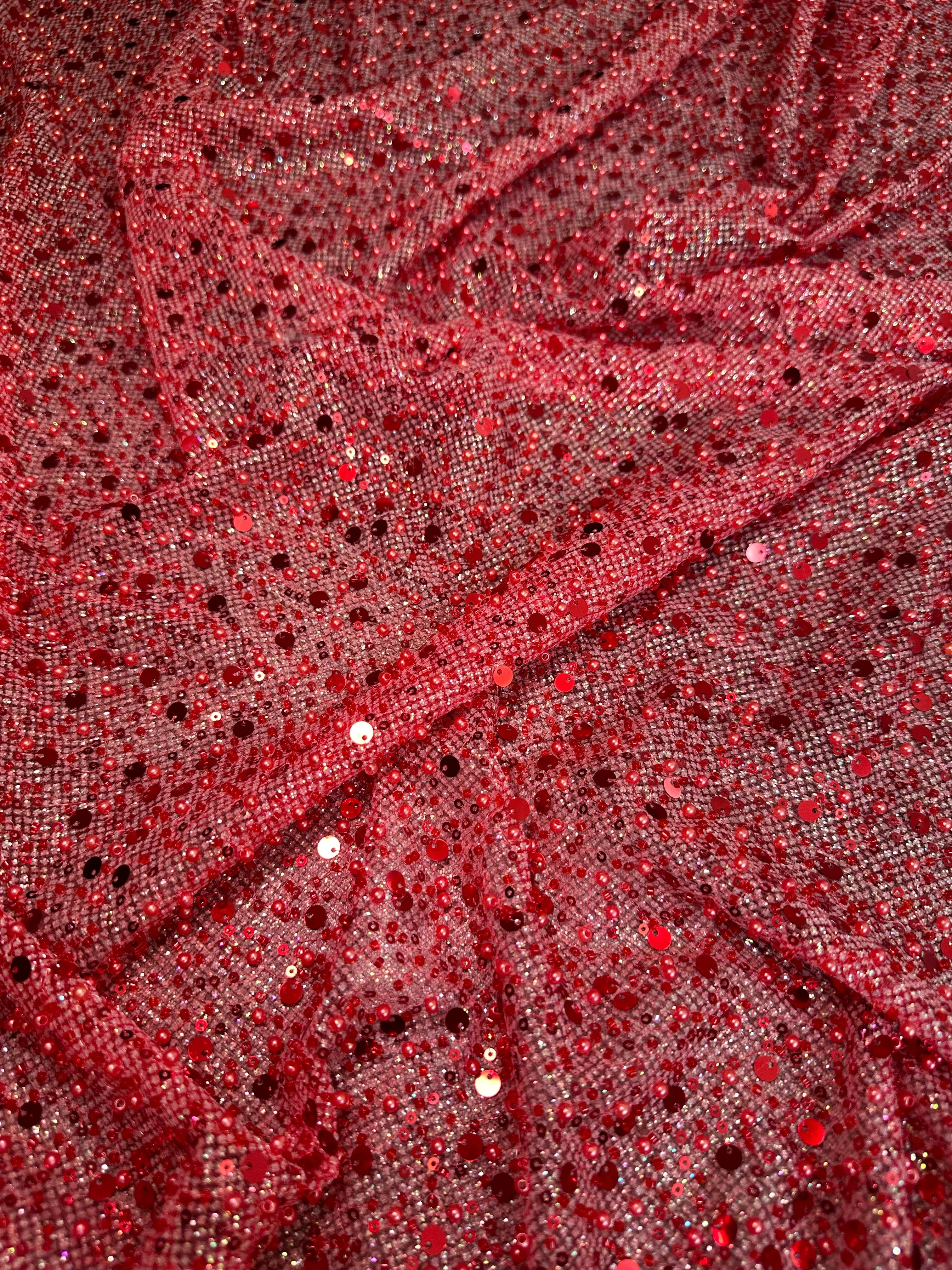 Red Sequin Pearl Beaded Mesh - Image 2