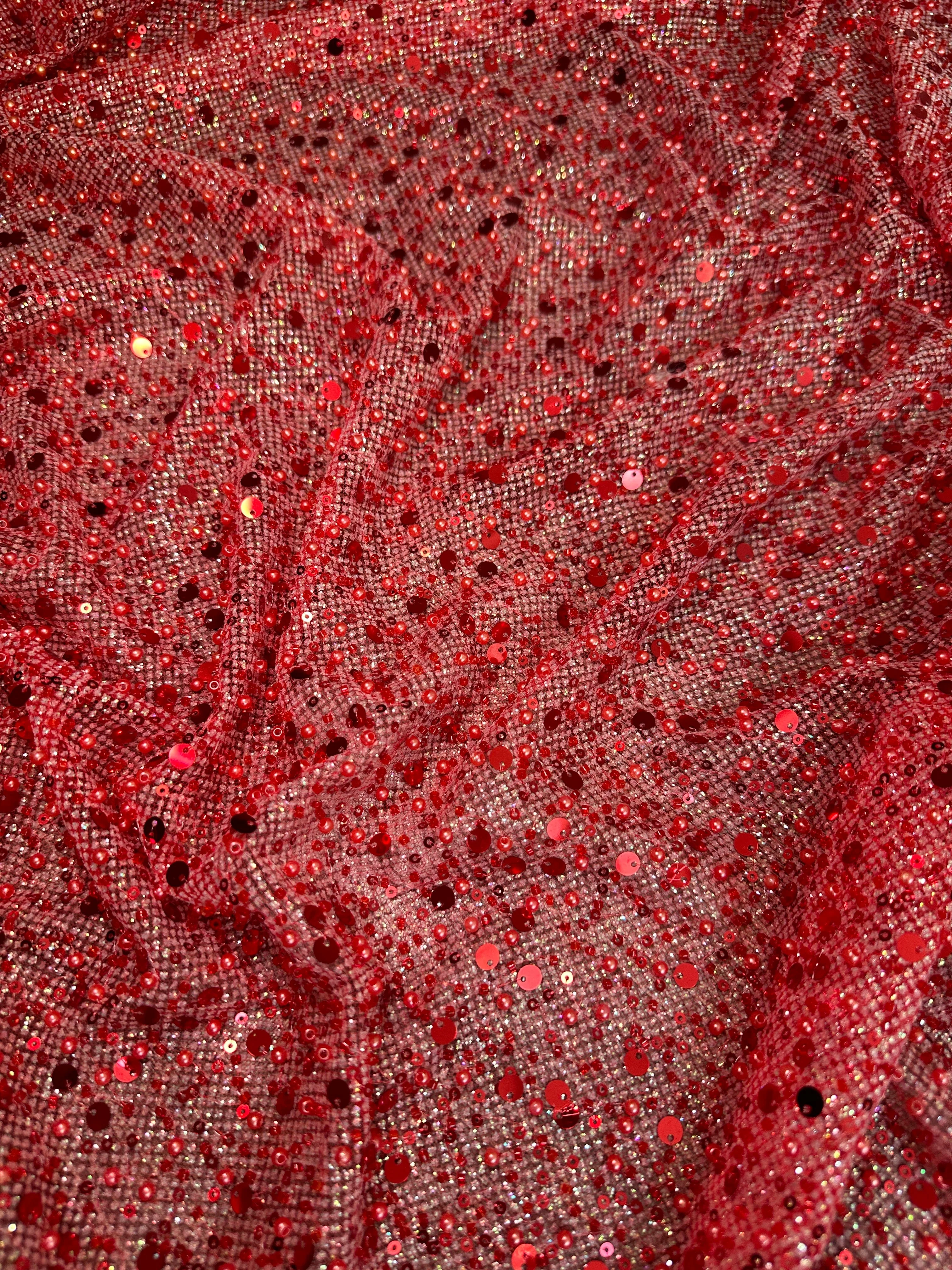 Red Sequin Pearl Beaded Mesh - Image 3