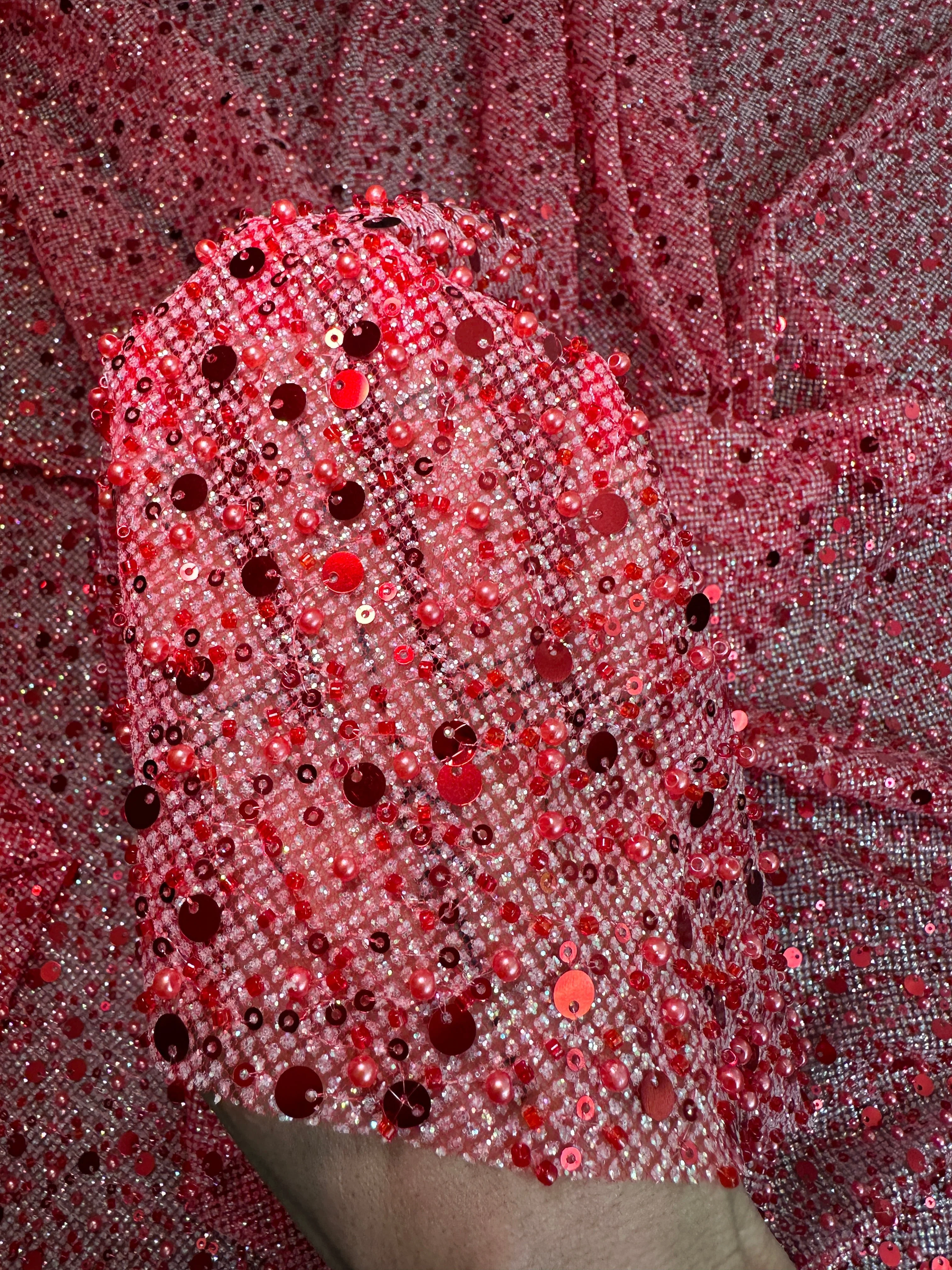 Red Sequin Pearl Beaded Mesh - Image 4