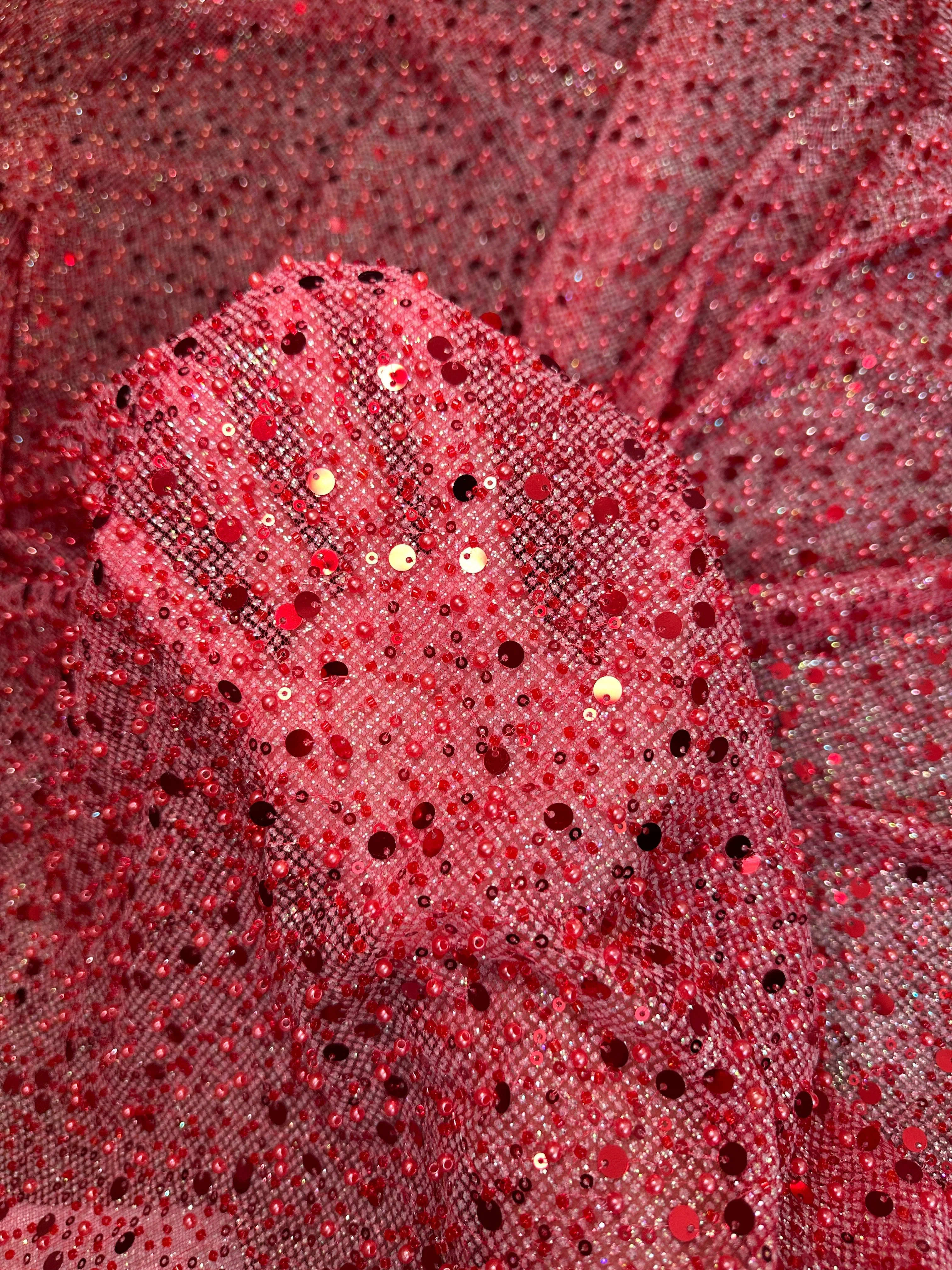 Red Sequin Pearl Beaded Mesh - Image 5
