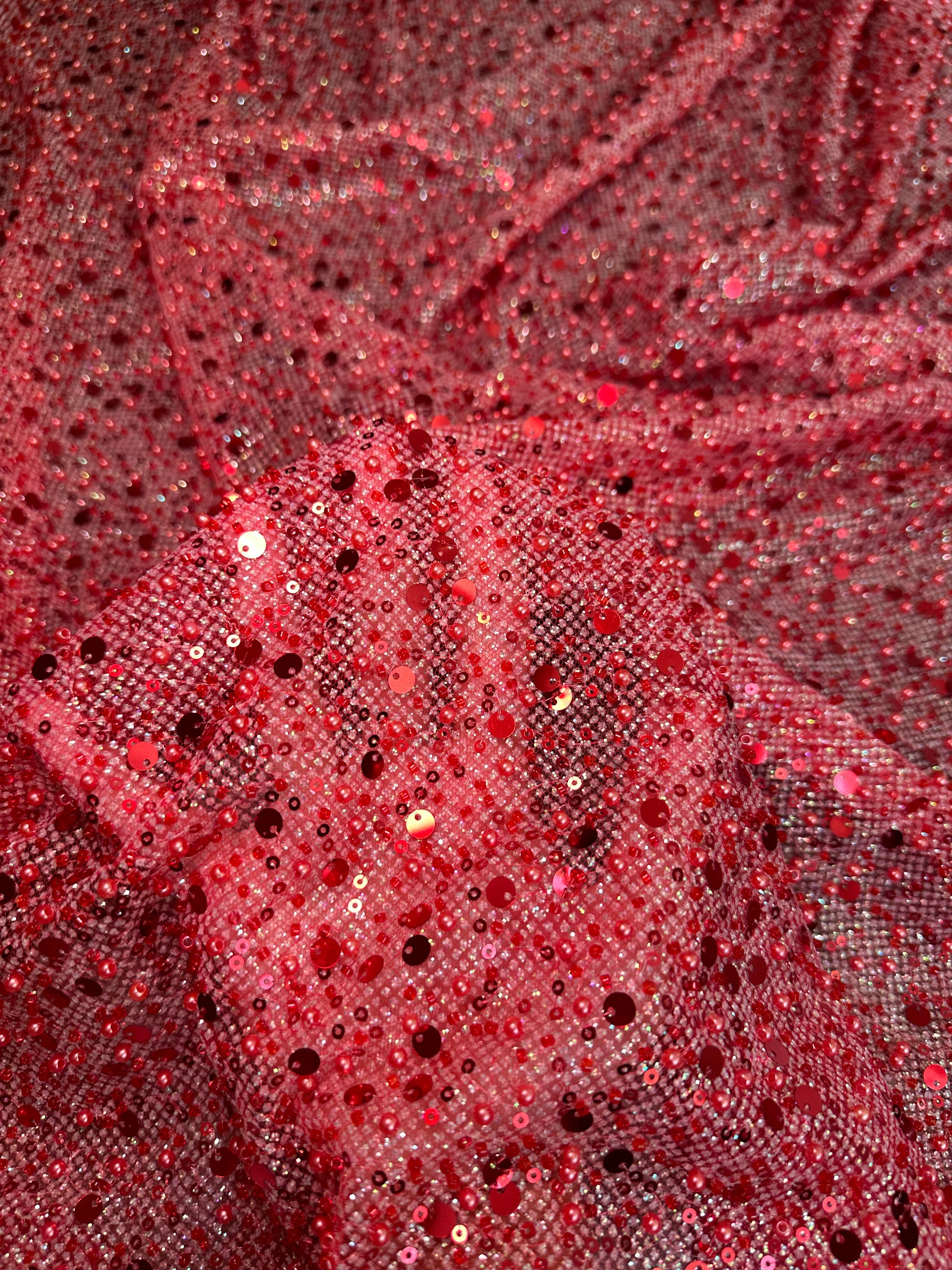 Red Sequin Pearl Beaded Mesh - Image 6