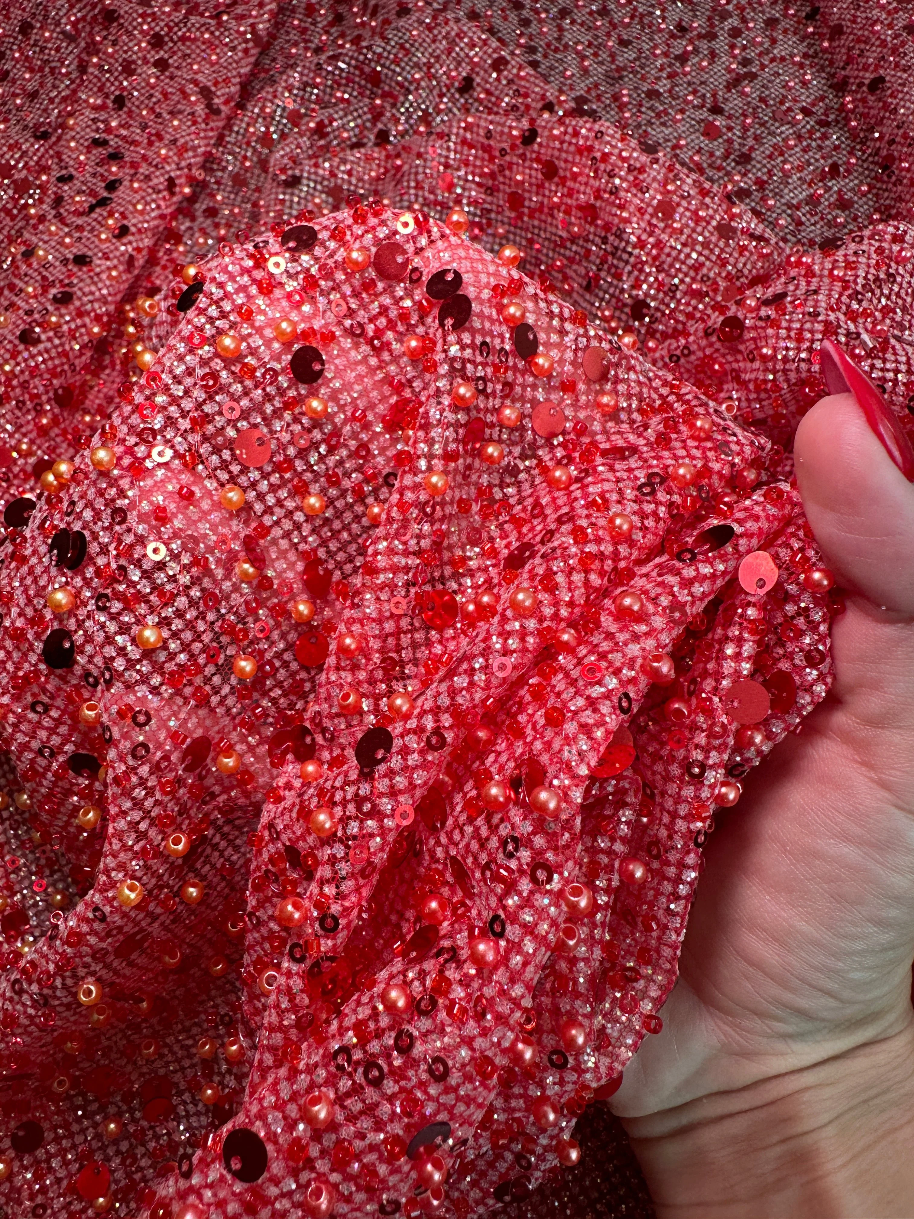 Red Sequin Pearl Beaded Mesh - Image 7