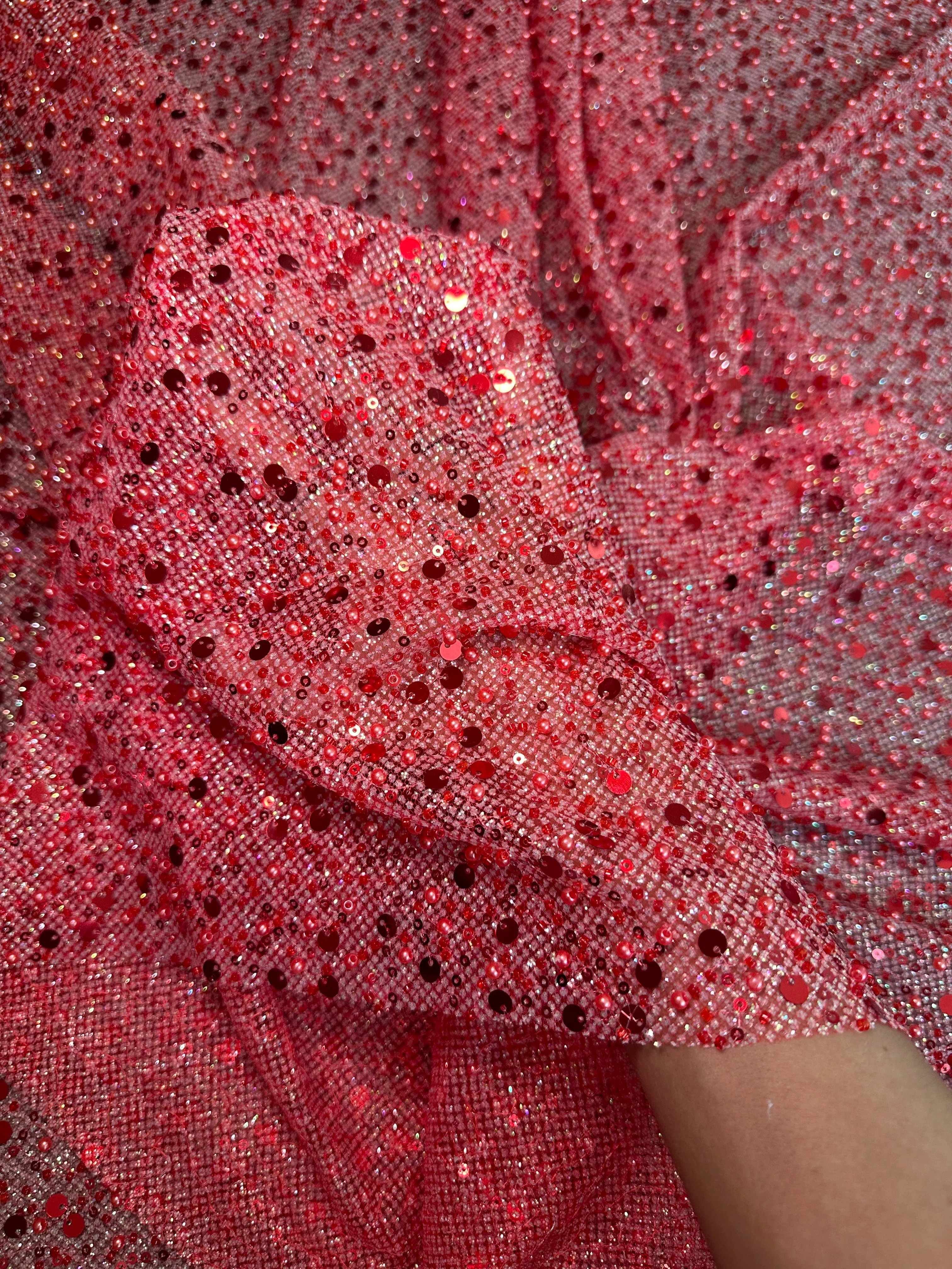 Red Sequin Pearl Beaded Mesh - Image 8