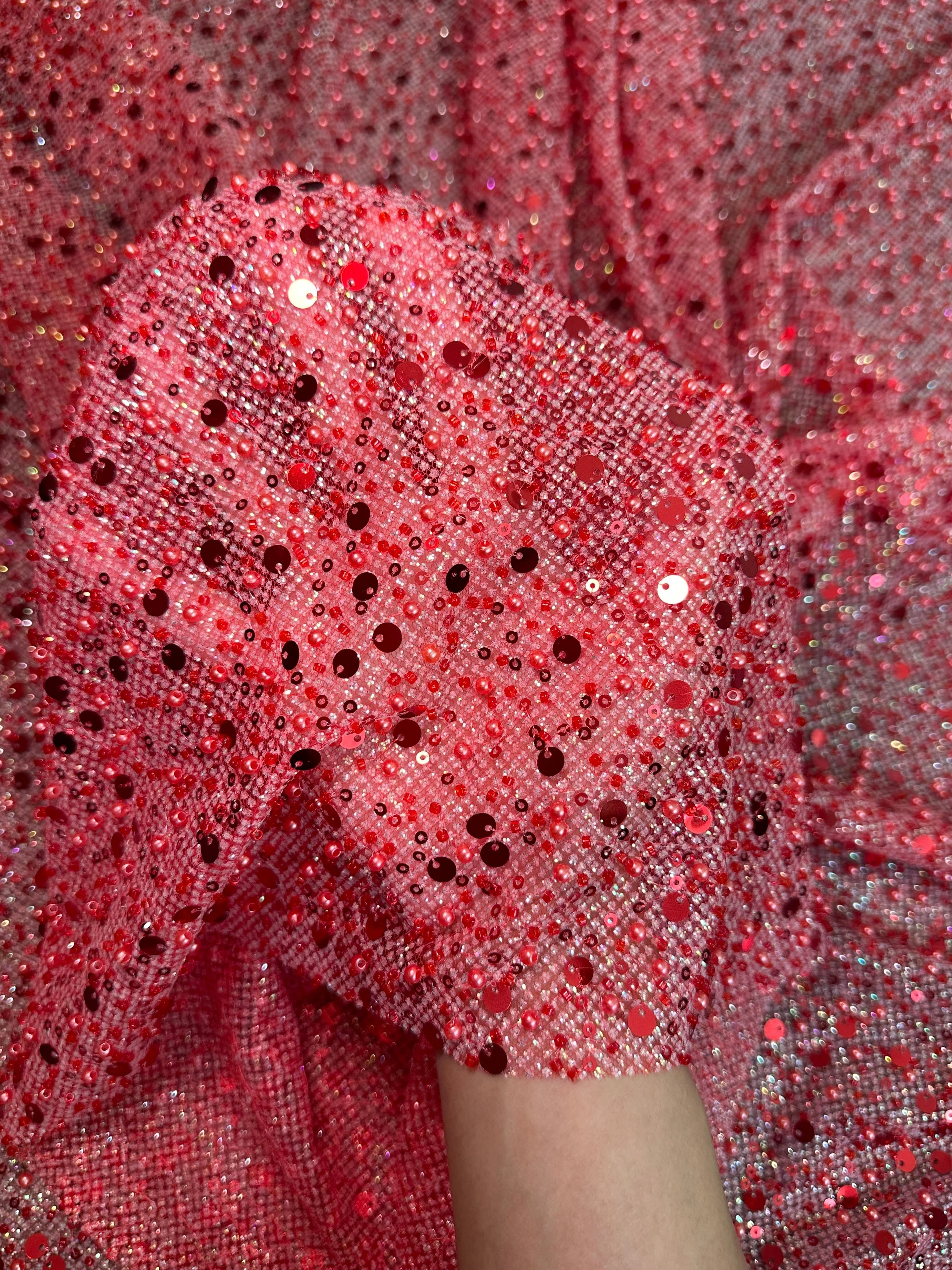 Red Sequin Pearl Beaded Mesh - Image 9