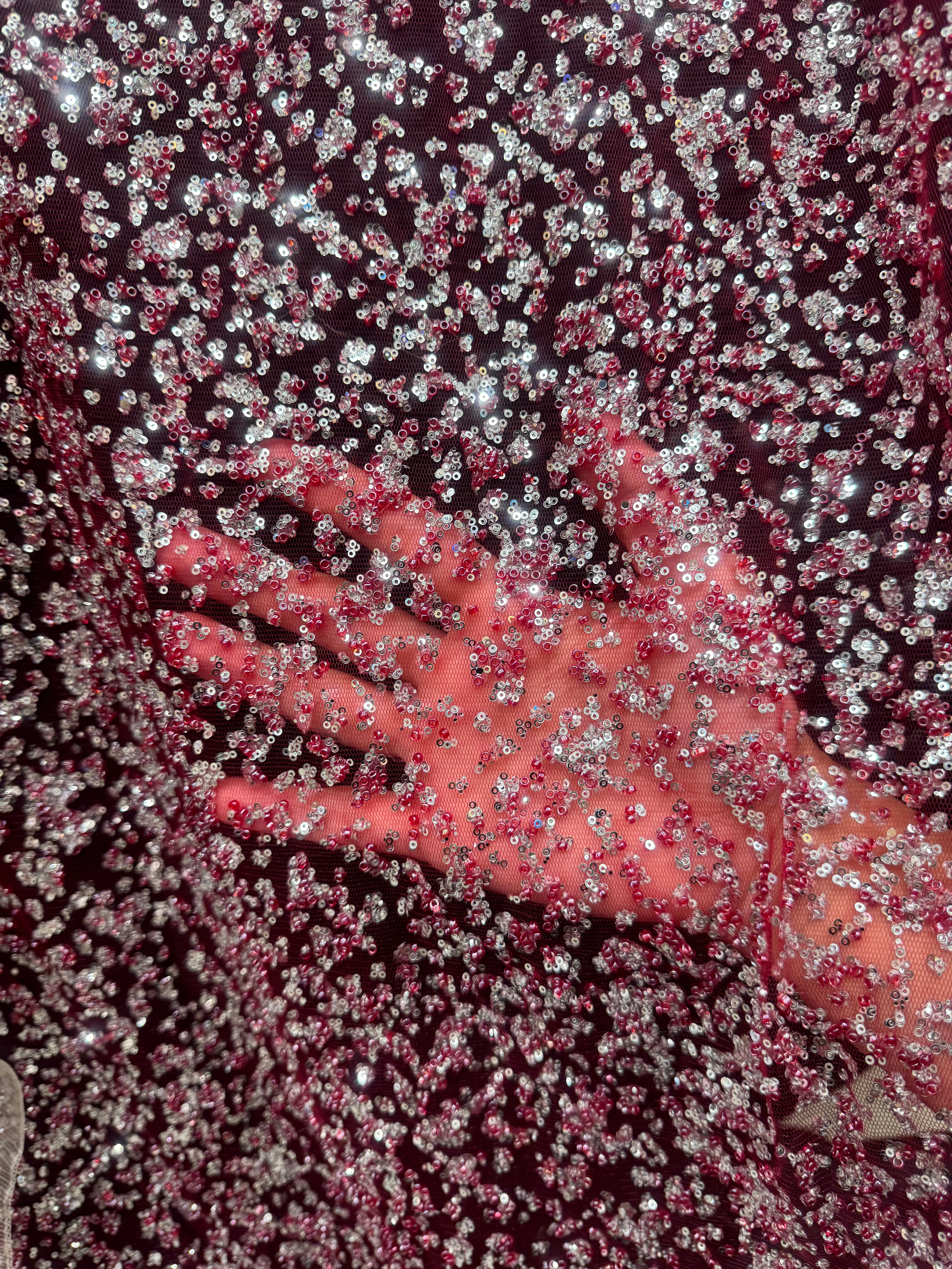 Red-Silver Beaded Sequin Lace