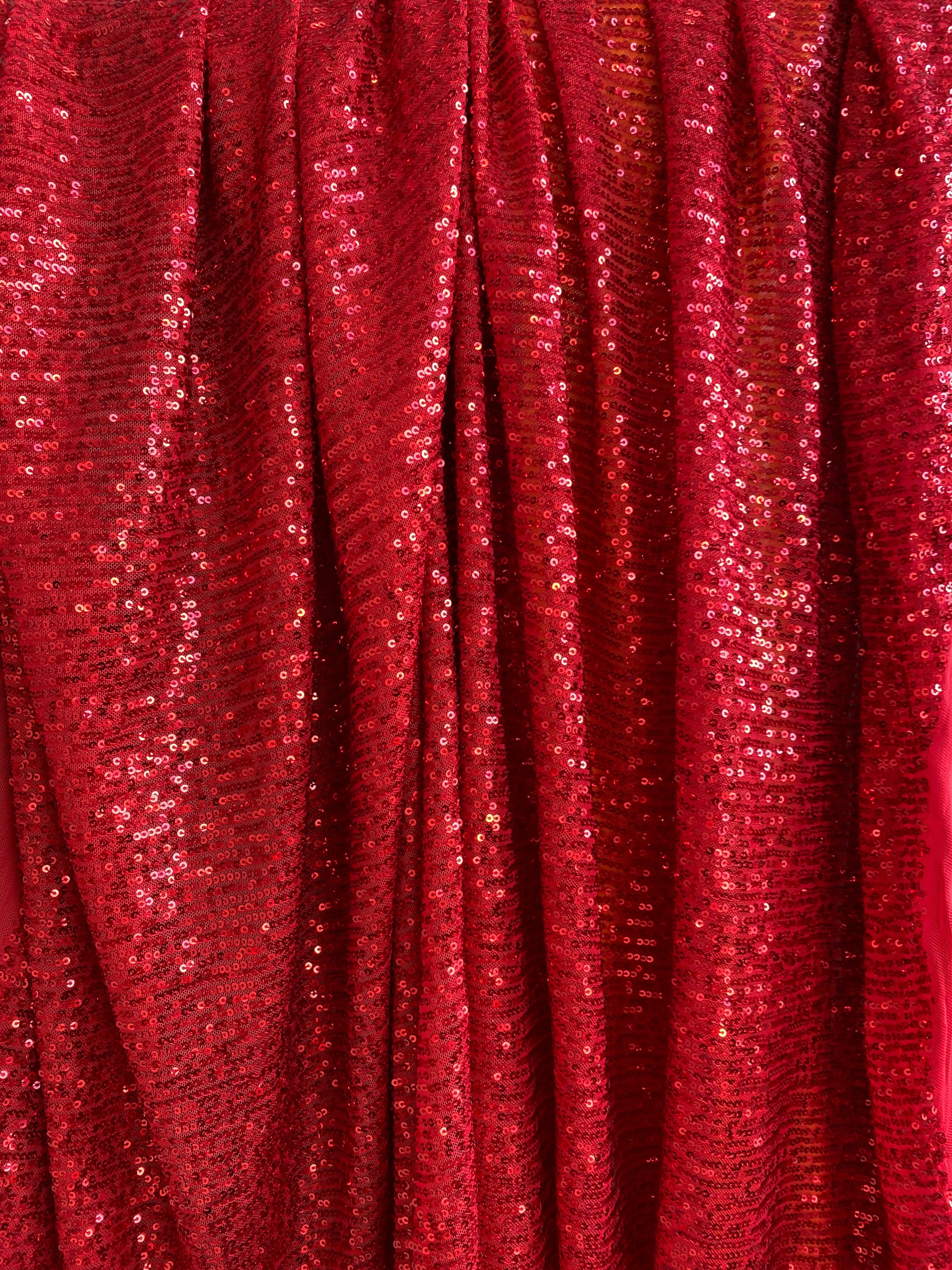 Red Striped Stretch Sequin on Mesh - Image 6