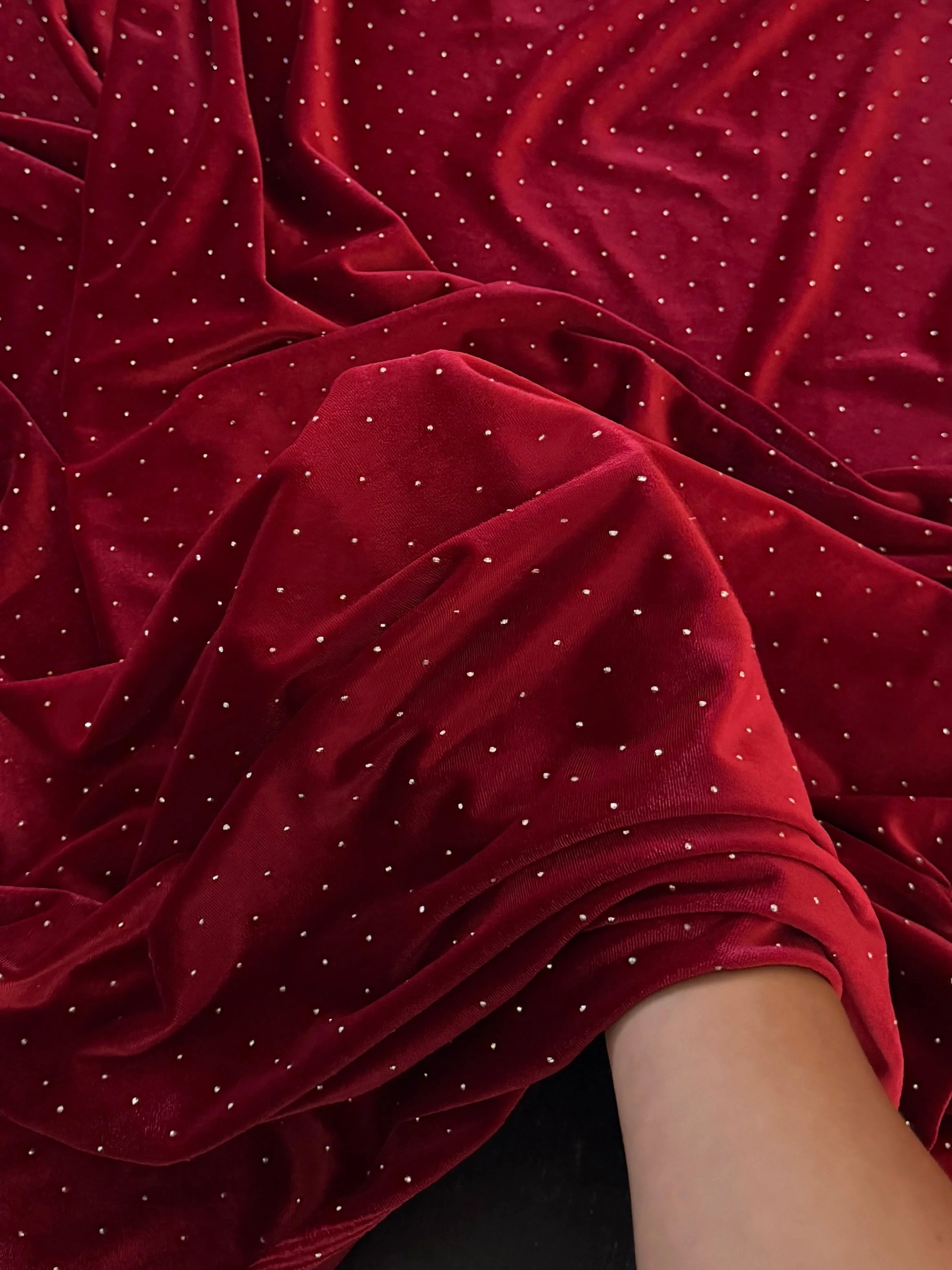 Red Stardust Rhinestone Beaded Stretch Velvet