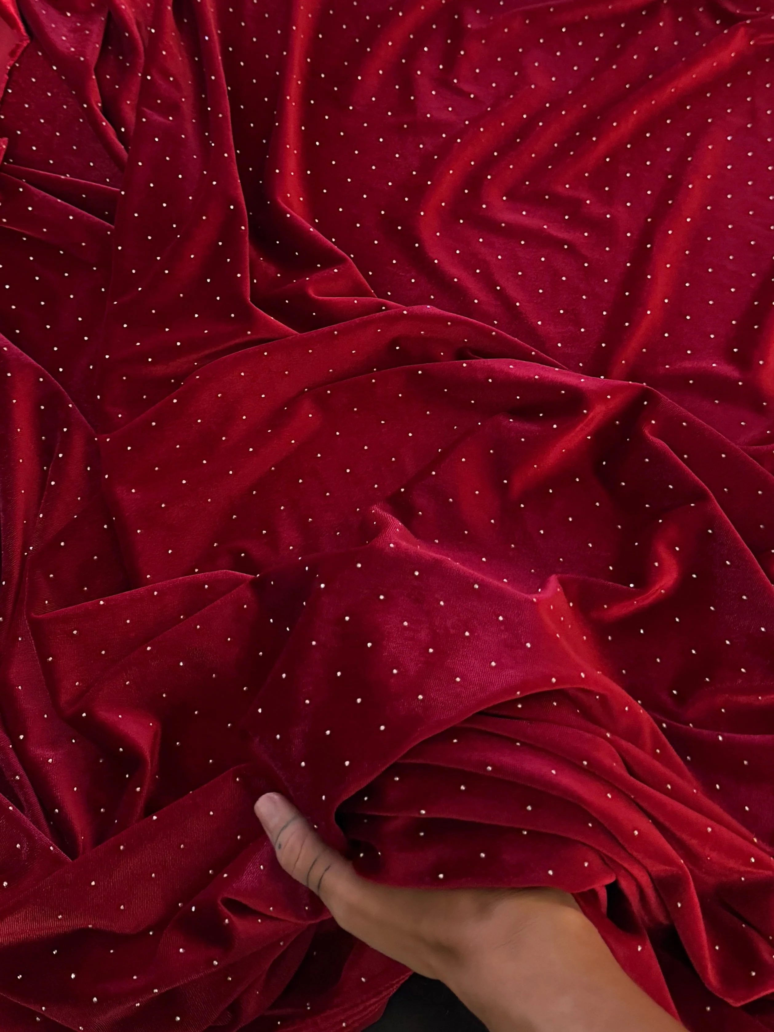 Red Stardust Rhinestone Beaded Stretch Velvet - Image 5