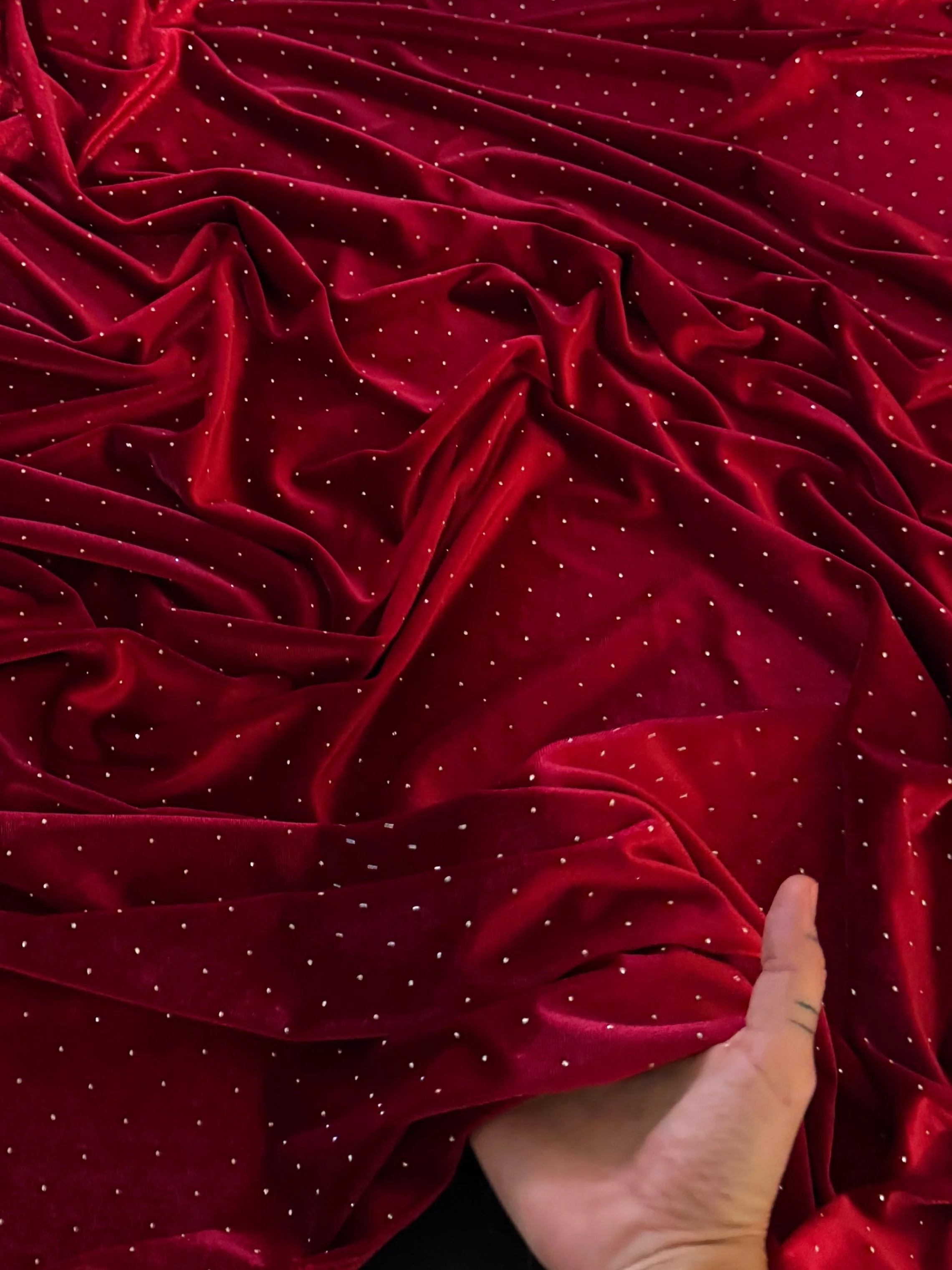 Red Stardust Rhinestone Beaded Stretch Velvet - Image 6
