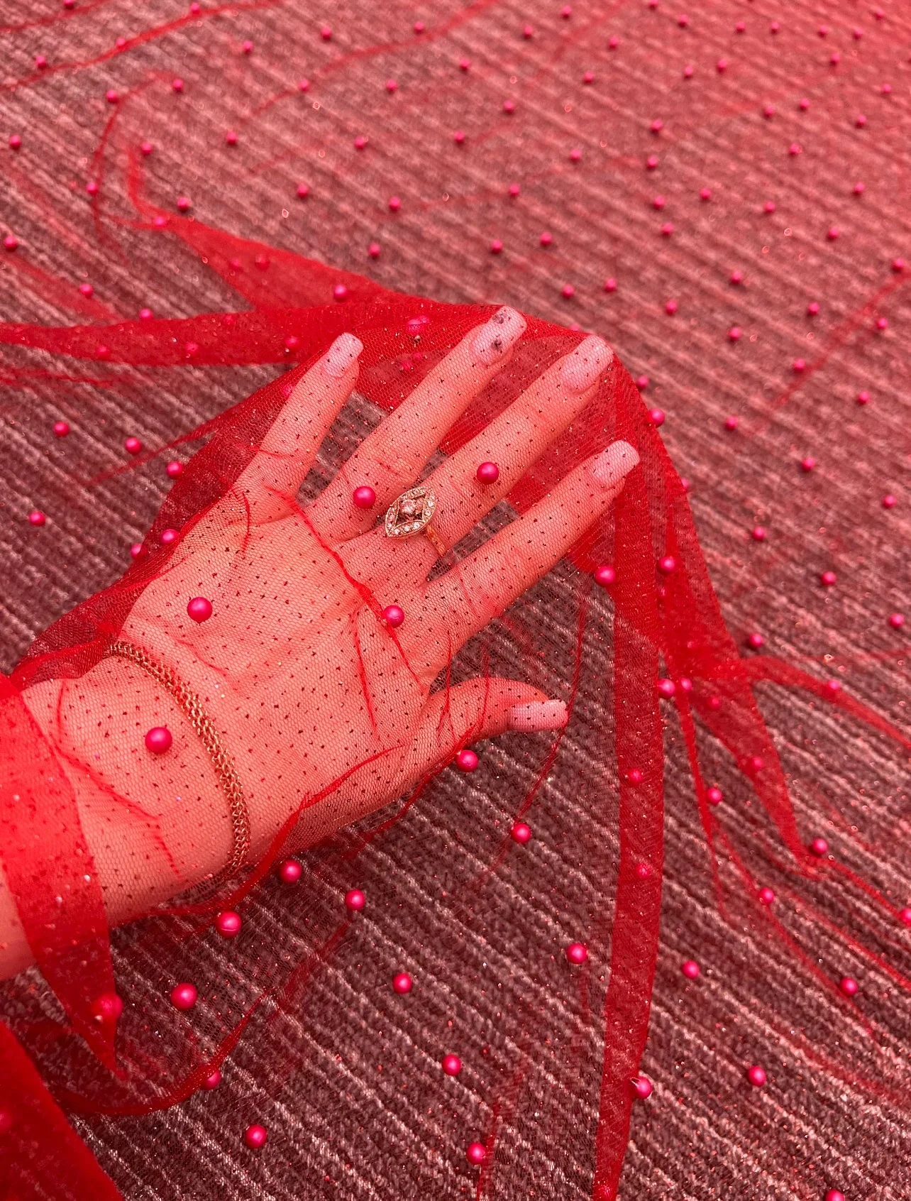 Red Pearl Beaded Glittery Mesh/Tulle