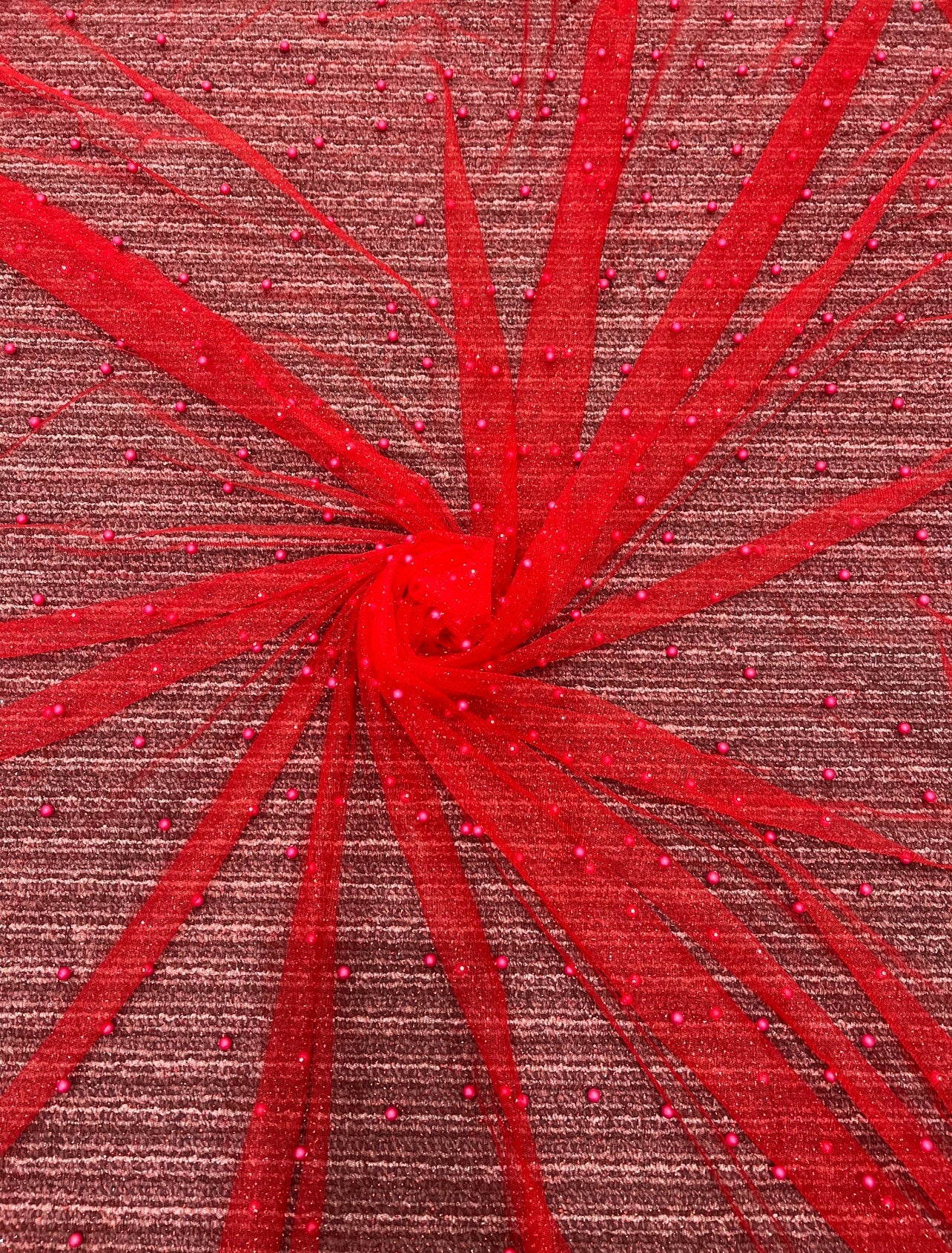Red Pearl Beaded Glittery Mesh/Tulle - Image 10