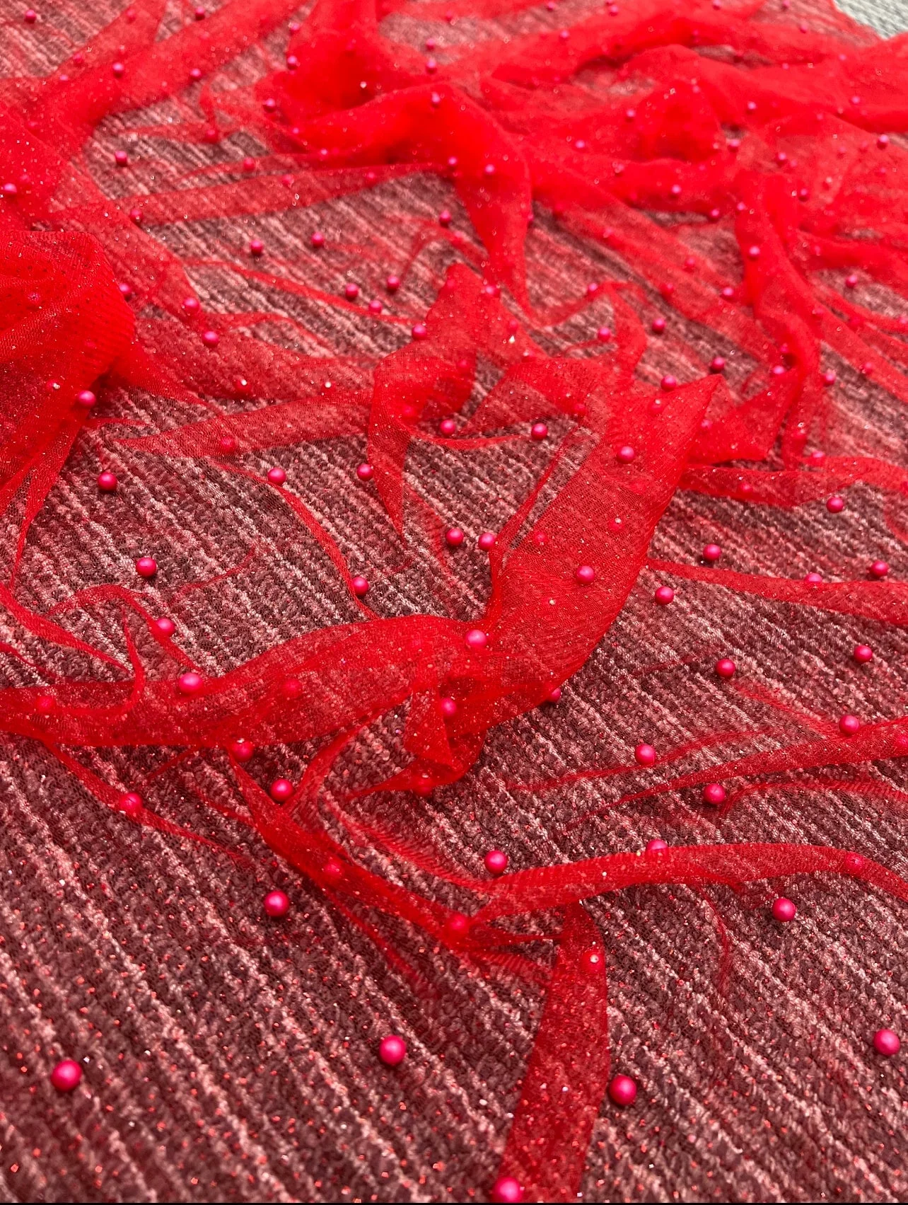 Red Pearl Beaded Glittery Mesh/Tulle - Image 11