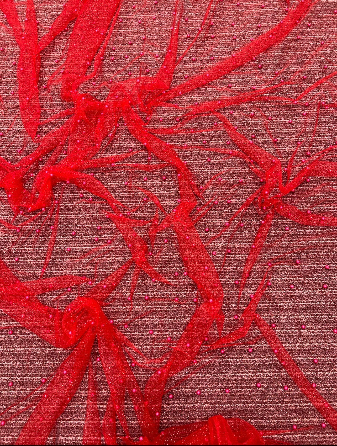 Red Pearl Beaded Glittery Mesh/Tulle - Image 12