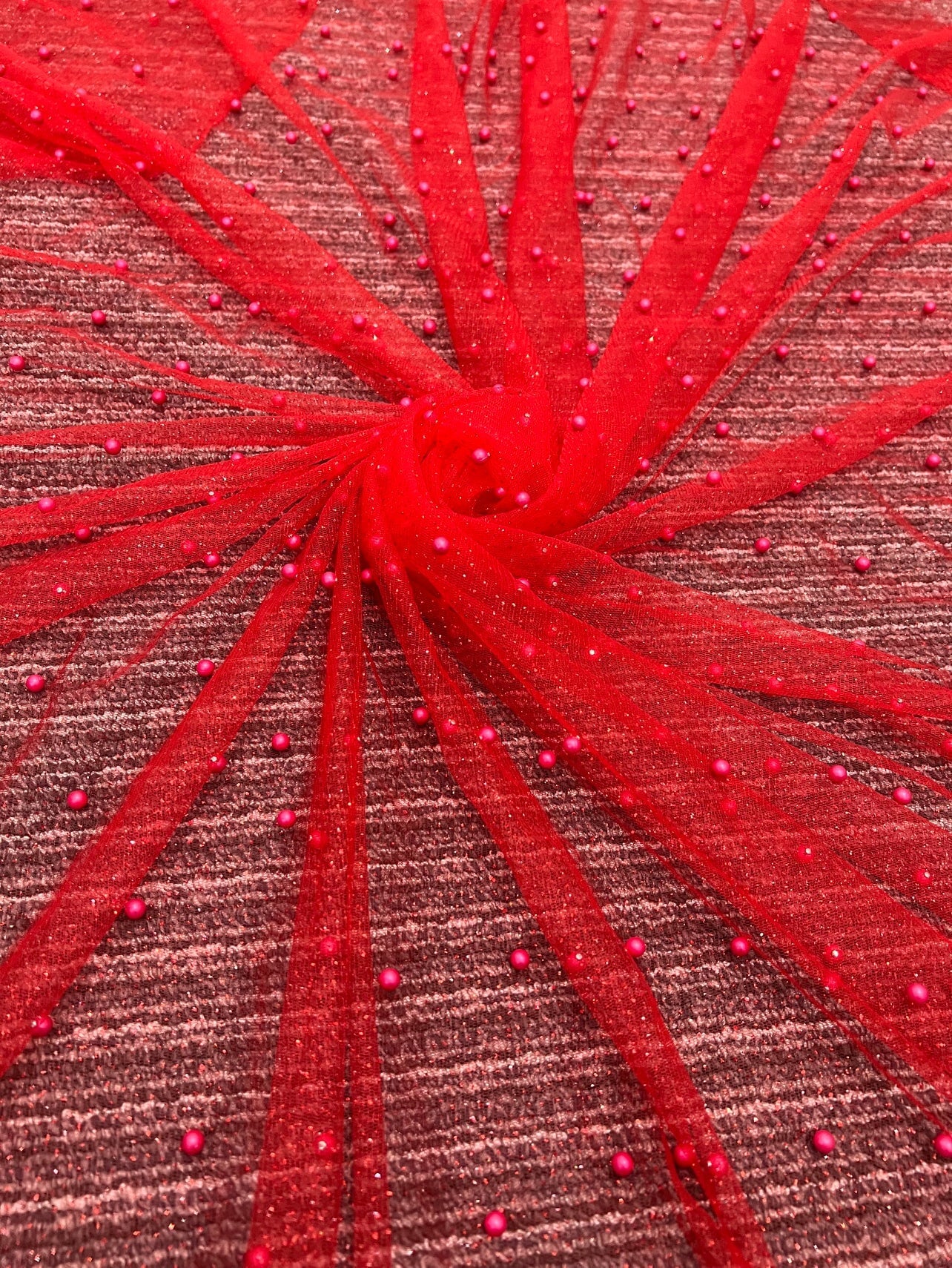 Red Pearl Beaded Glittery Mesh/Tulle - Image 13
