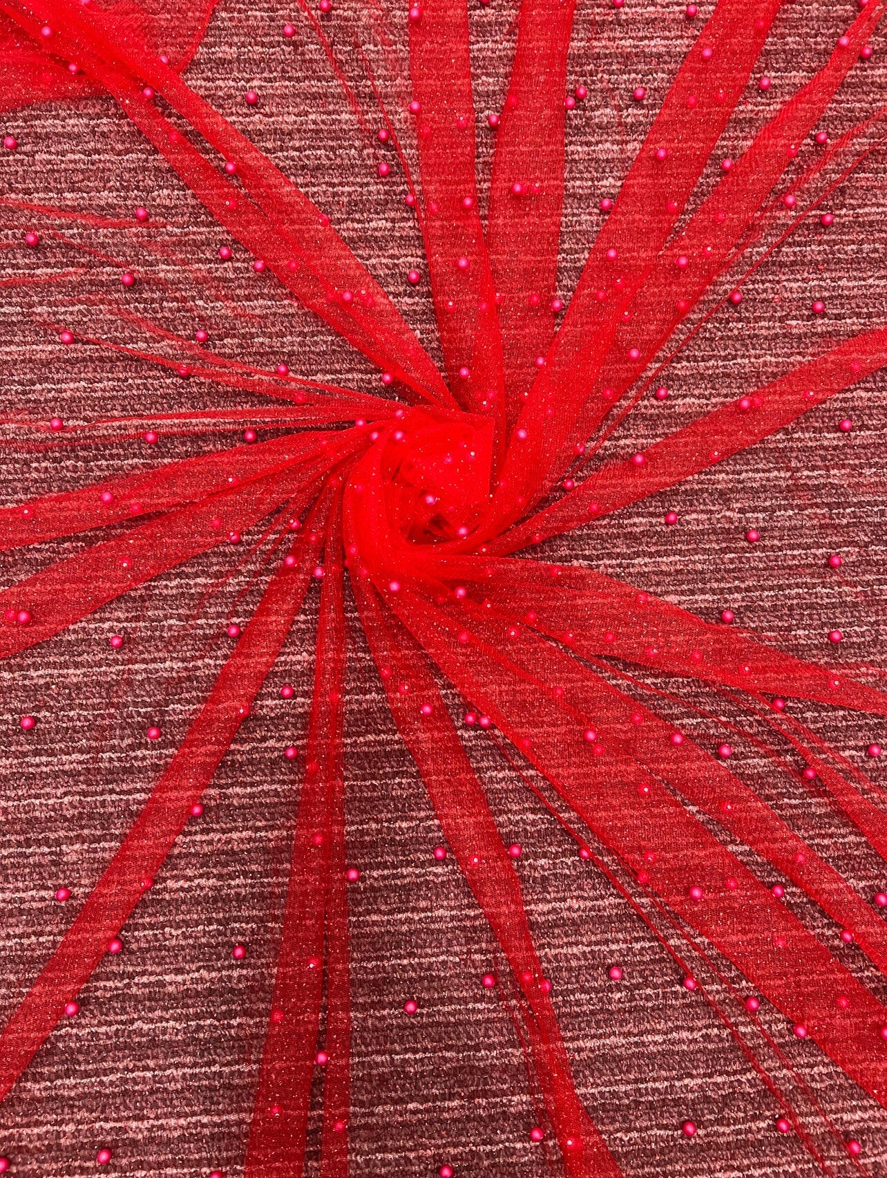 Red Pearl Beaded Glittery Mesh/Tulle - Image 2