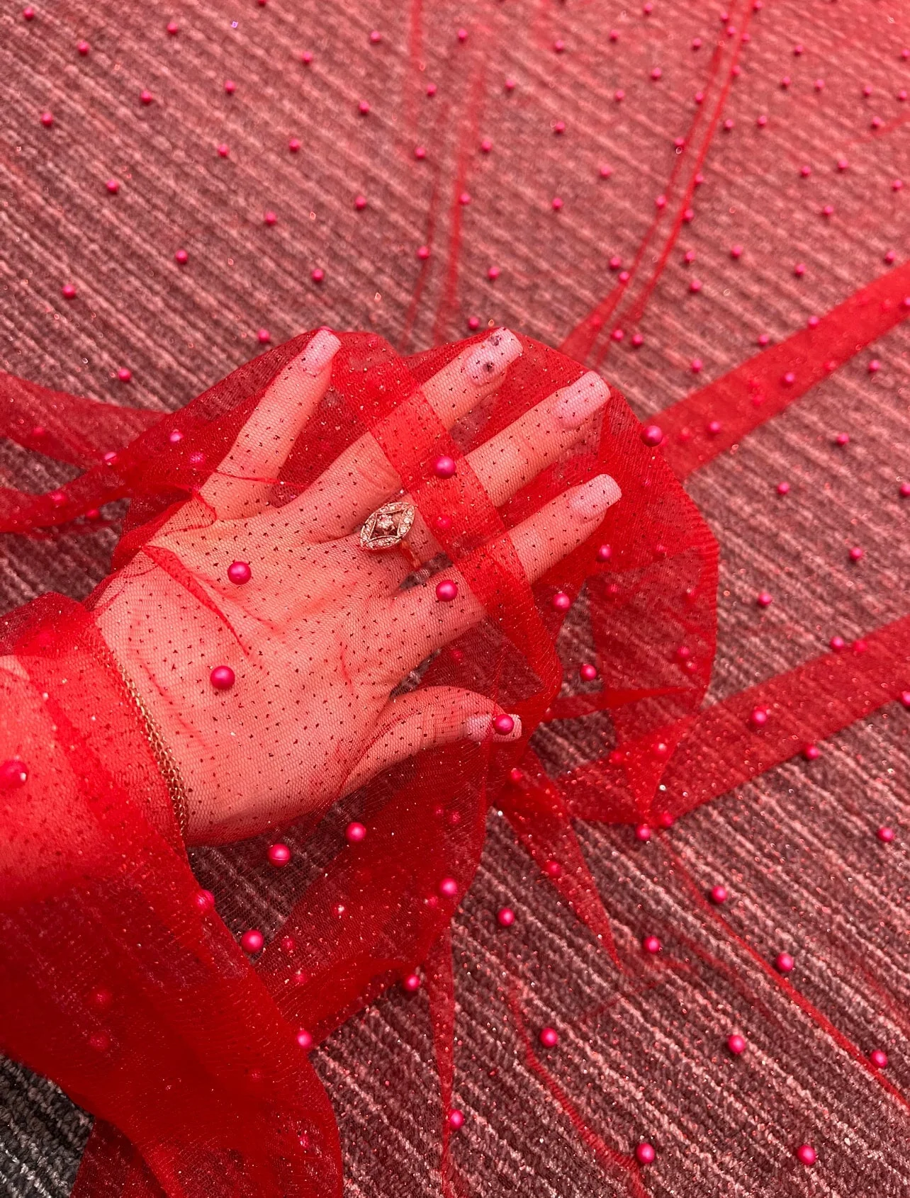 Red Pearl Beaded Glittery Mesh/Tulle - Image 6