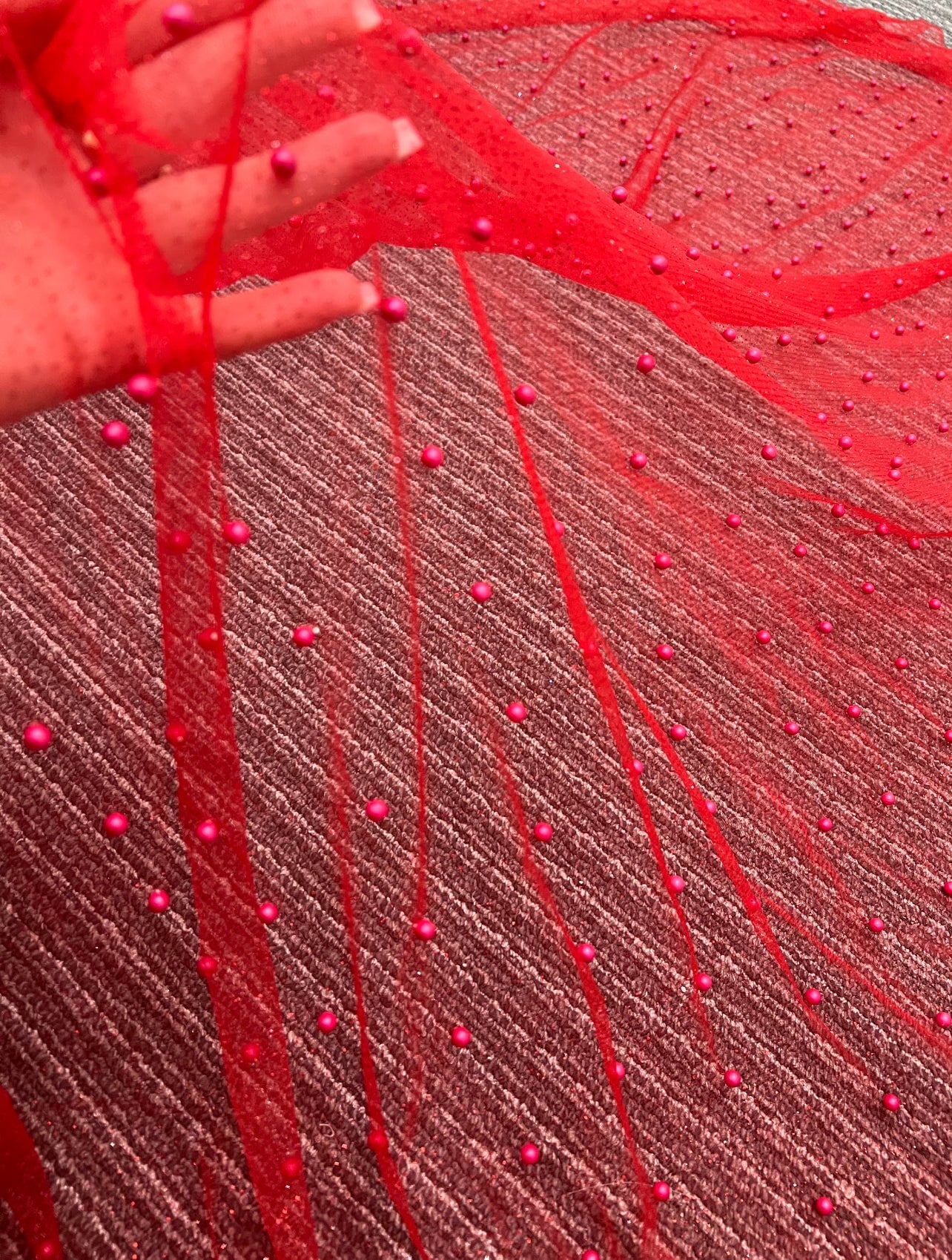 Red Pearl Beaded Glittery Mesh/Tulle - Image 8