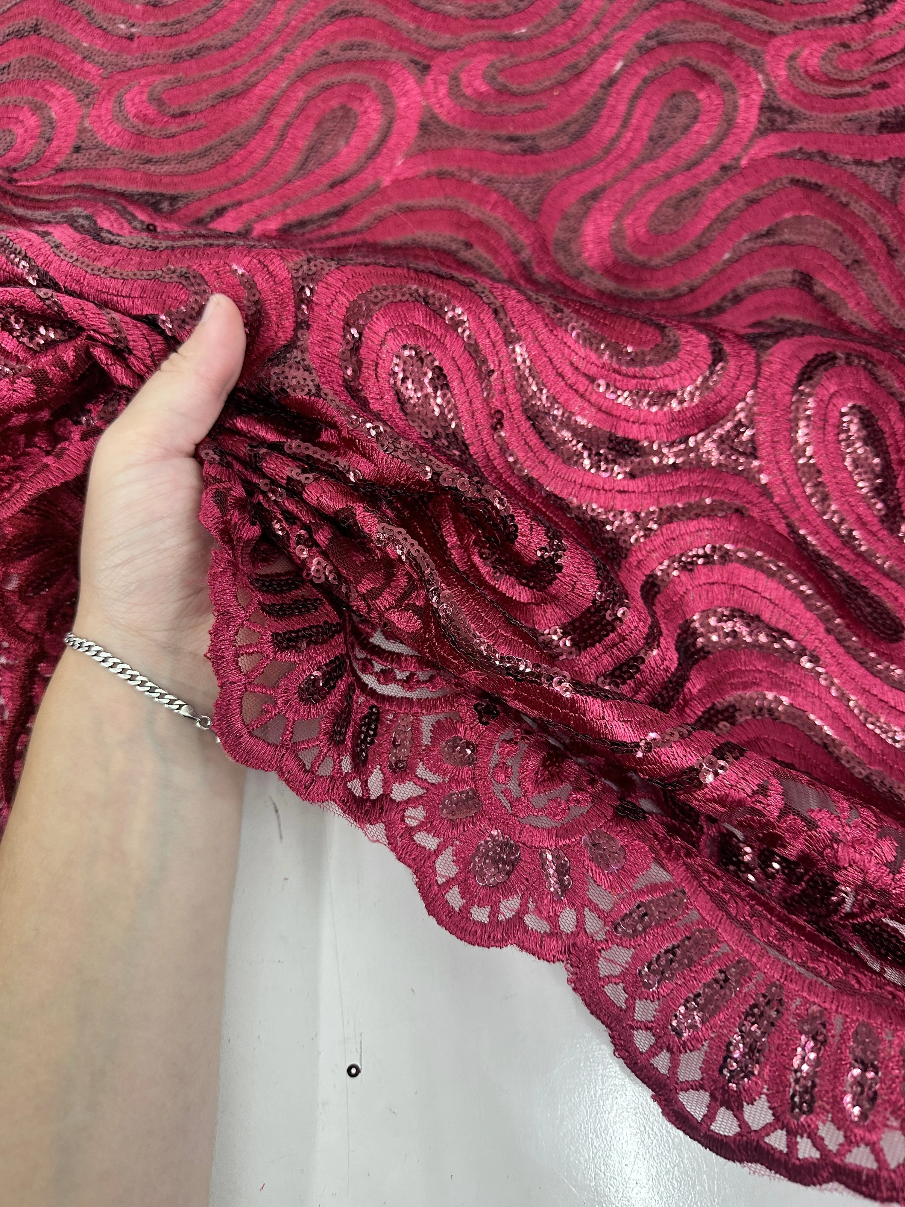 Burgundy Embroidered Sequin Lace - Image 6