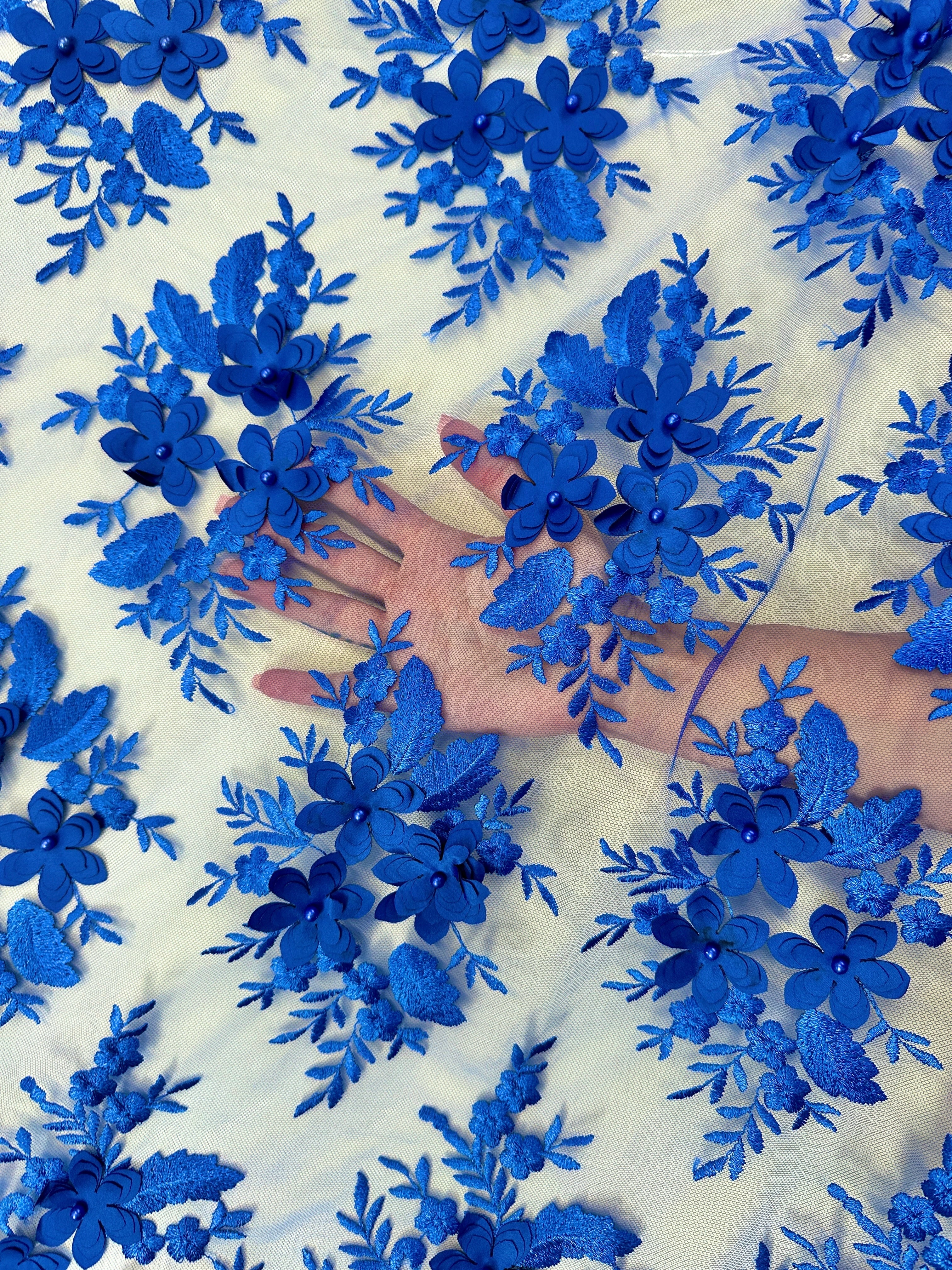 Royal Blue 3D Flower Scalloped Mesh Lace