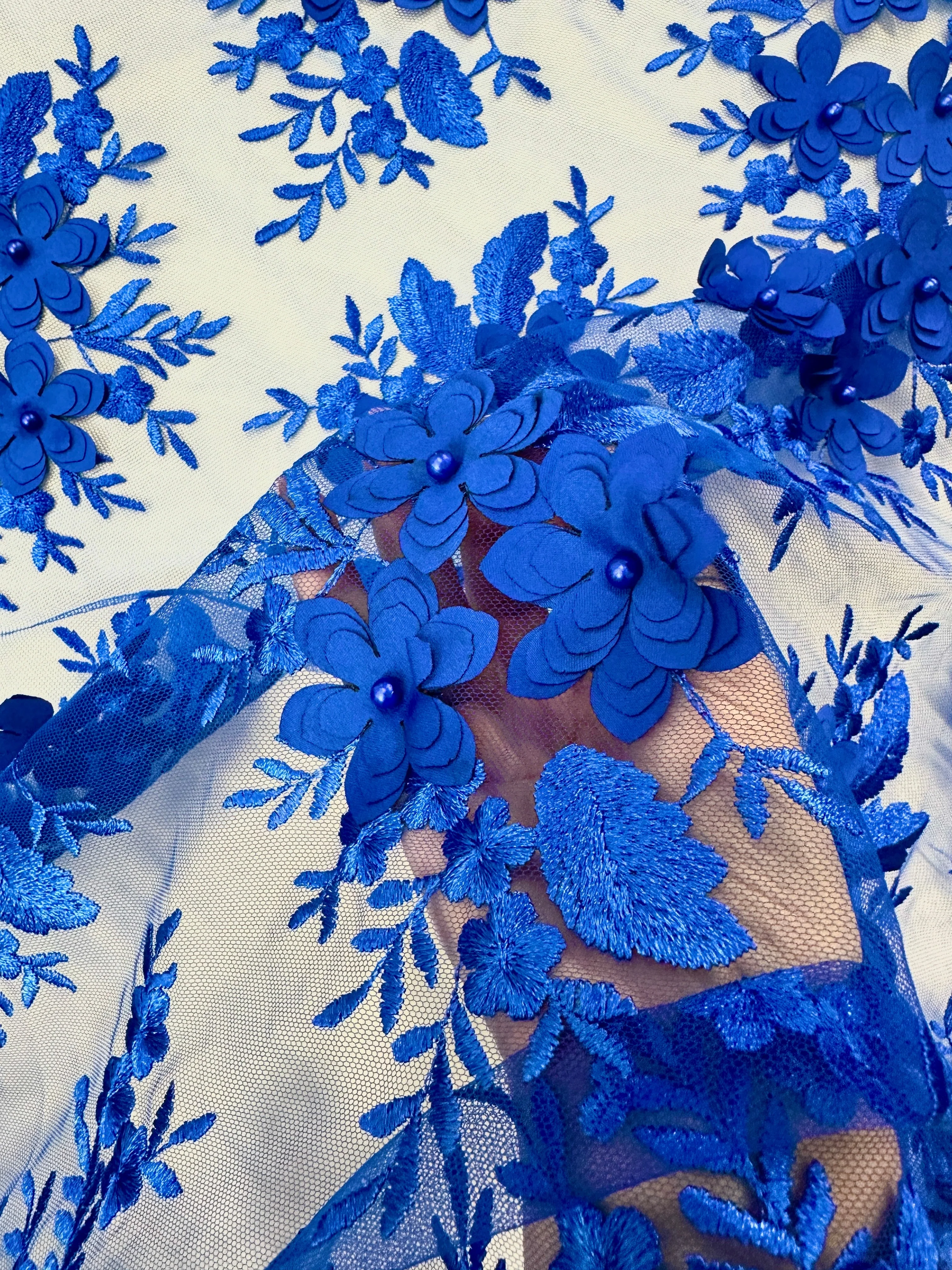 Royal Blue 3D Flower Scalloped Mesh Lace - Image 2