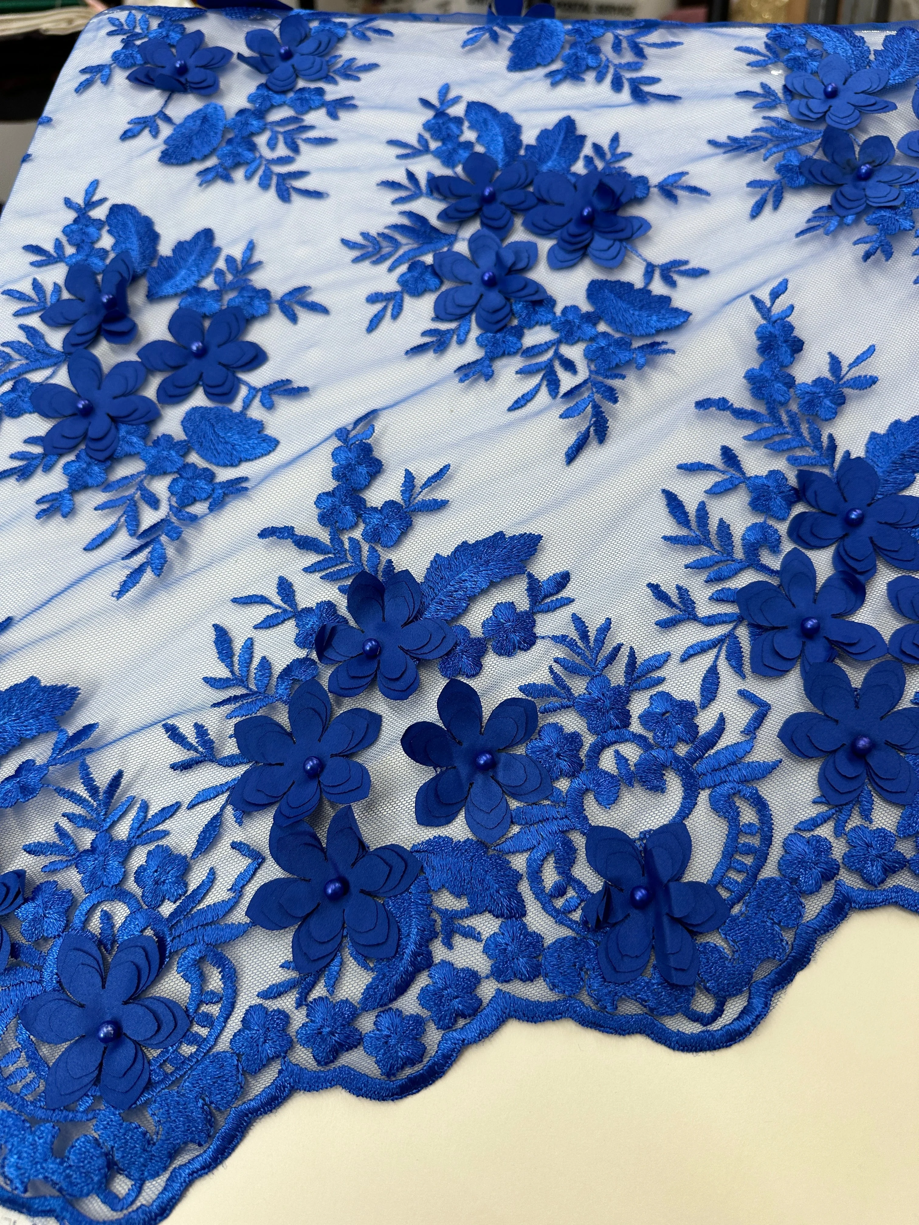 Royal Blue 3D Flower Scalloped Mesh Lace - Image 3