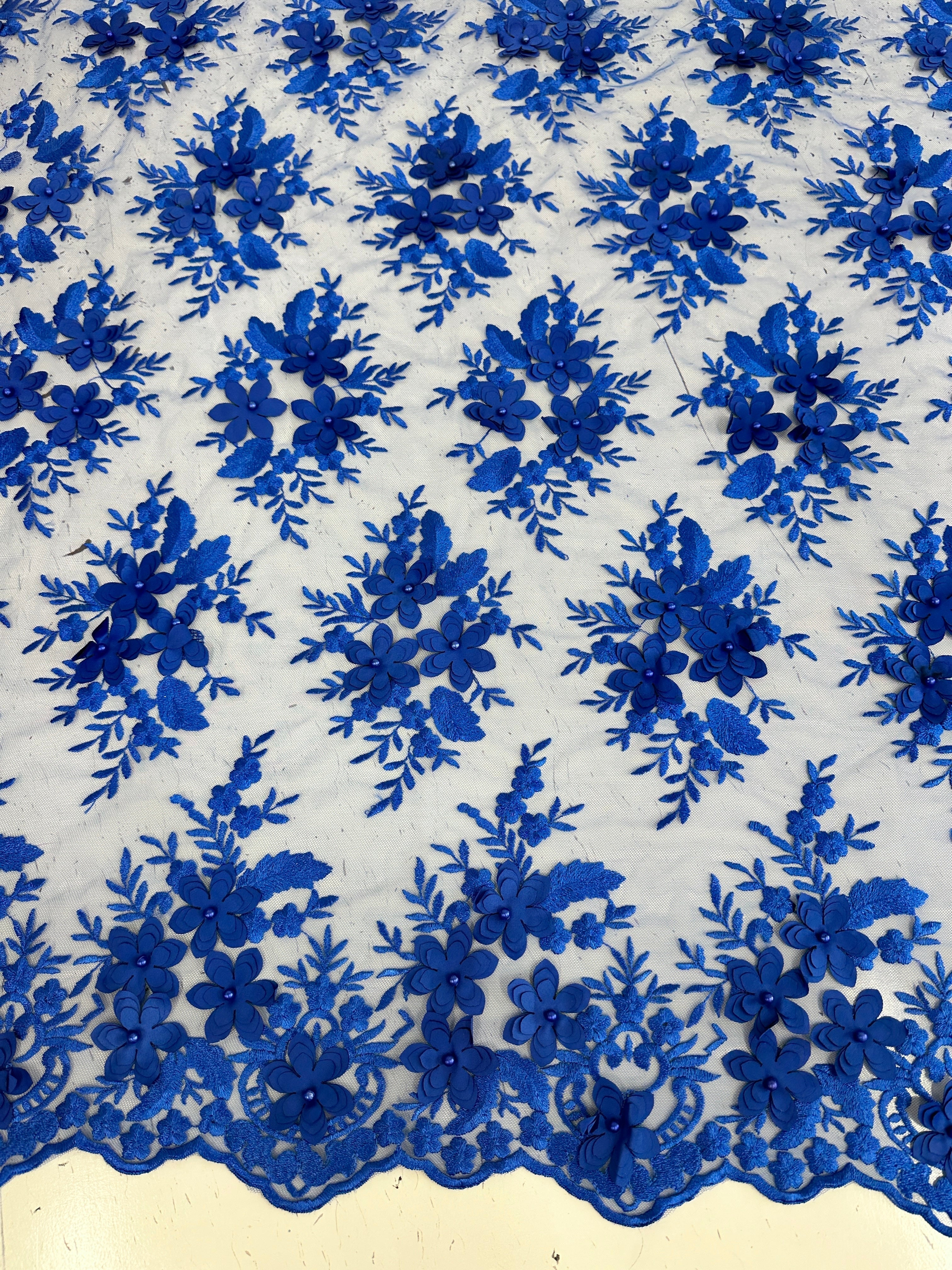 Royal Blue 3D Flower Scalloped Mesh Lace - Image 4