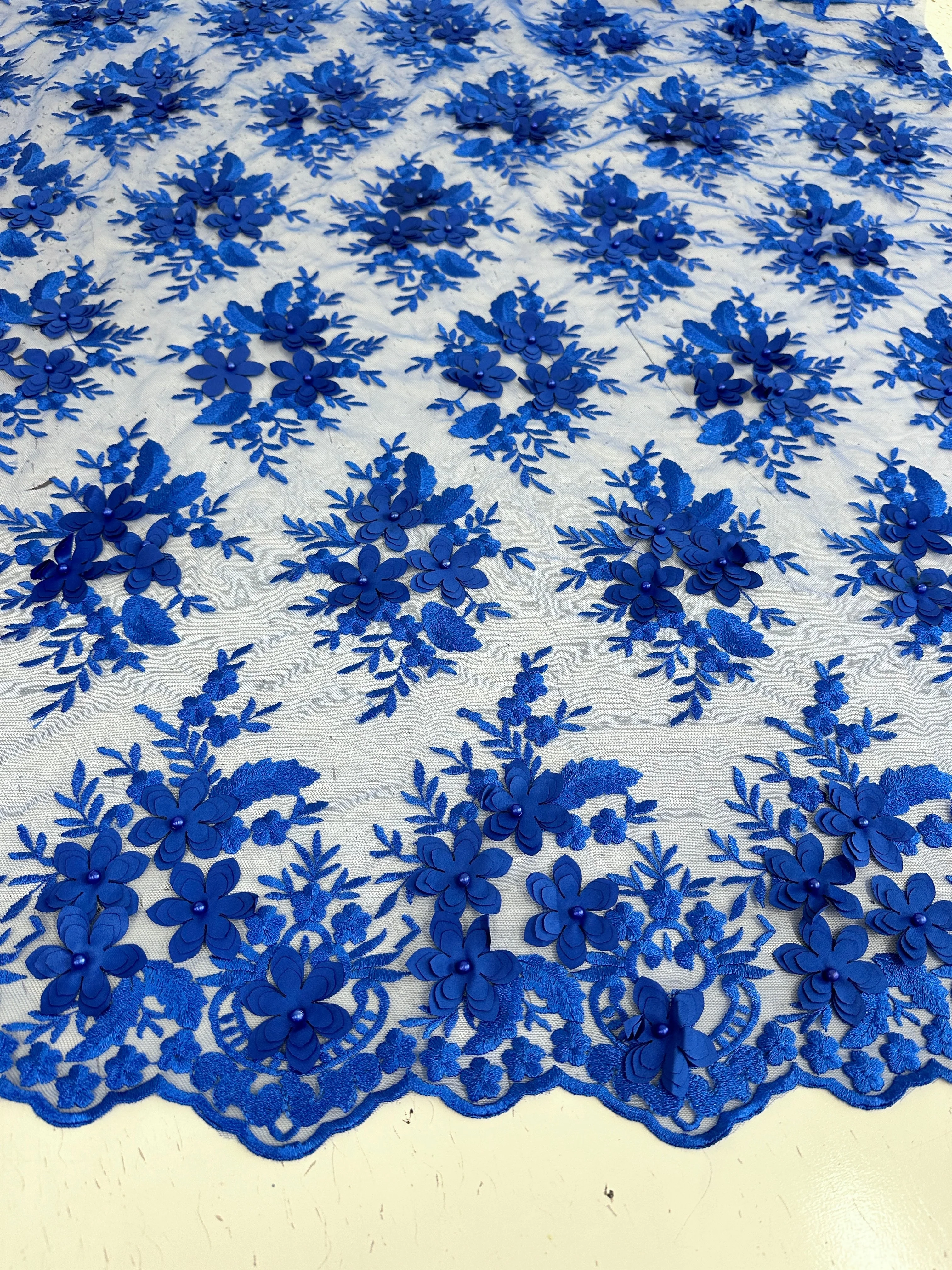 Royal Blue 3D Flower Scalloped Mesh Lace - Image 5