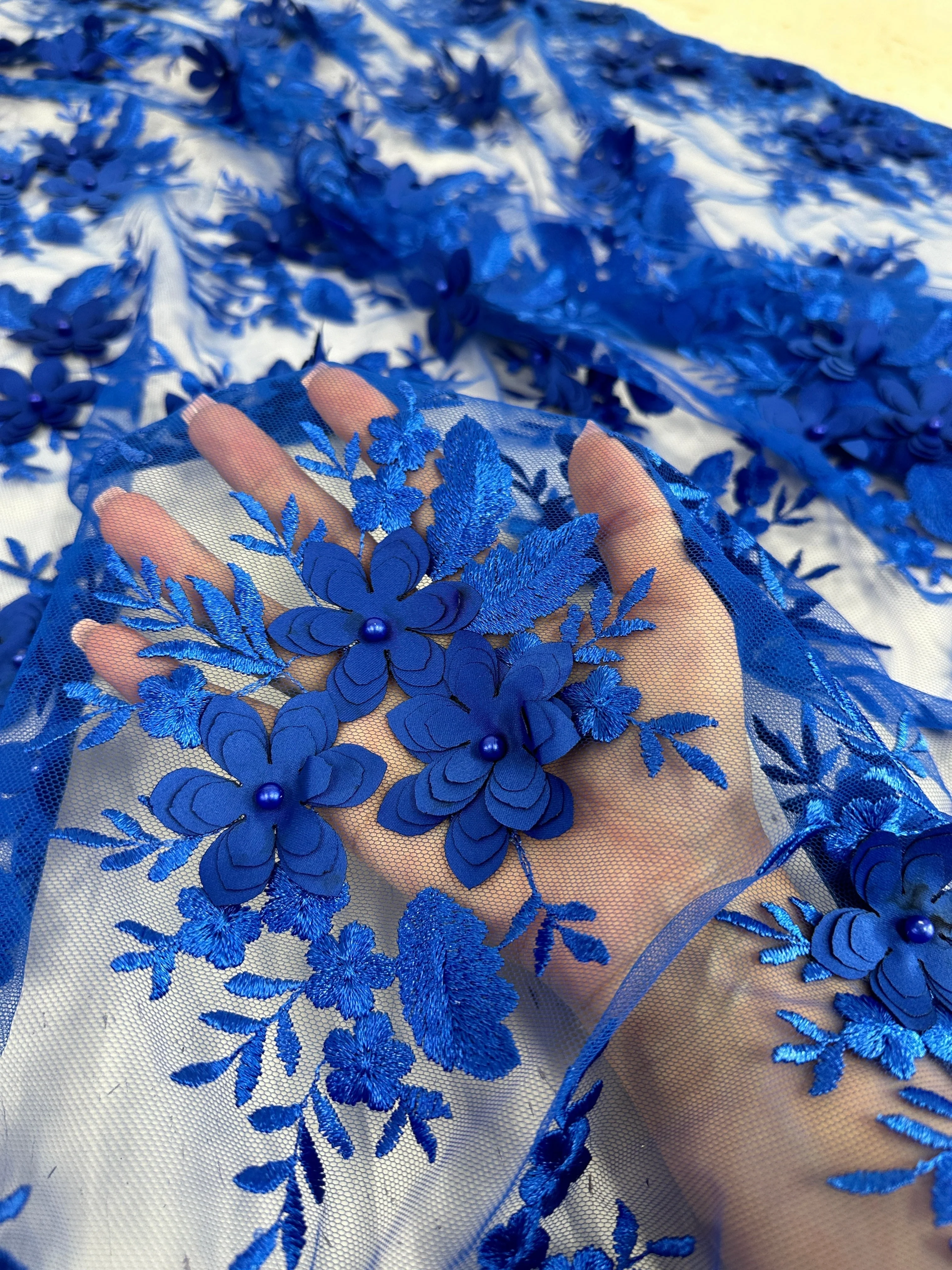 Royal Blue 3D Flower Scalloped Mesh Lace - Image 6