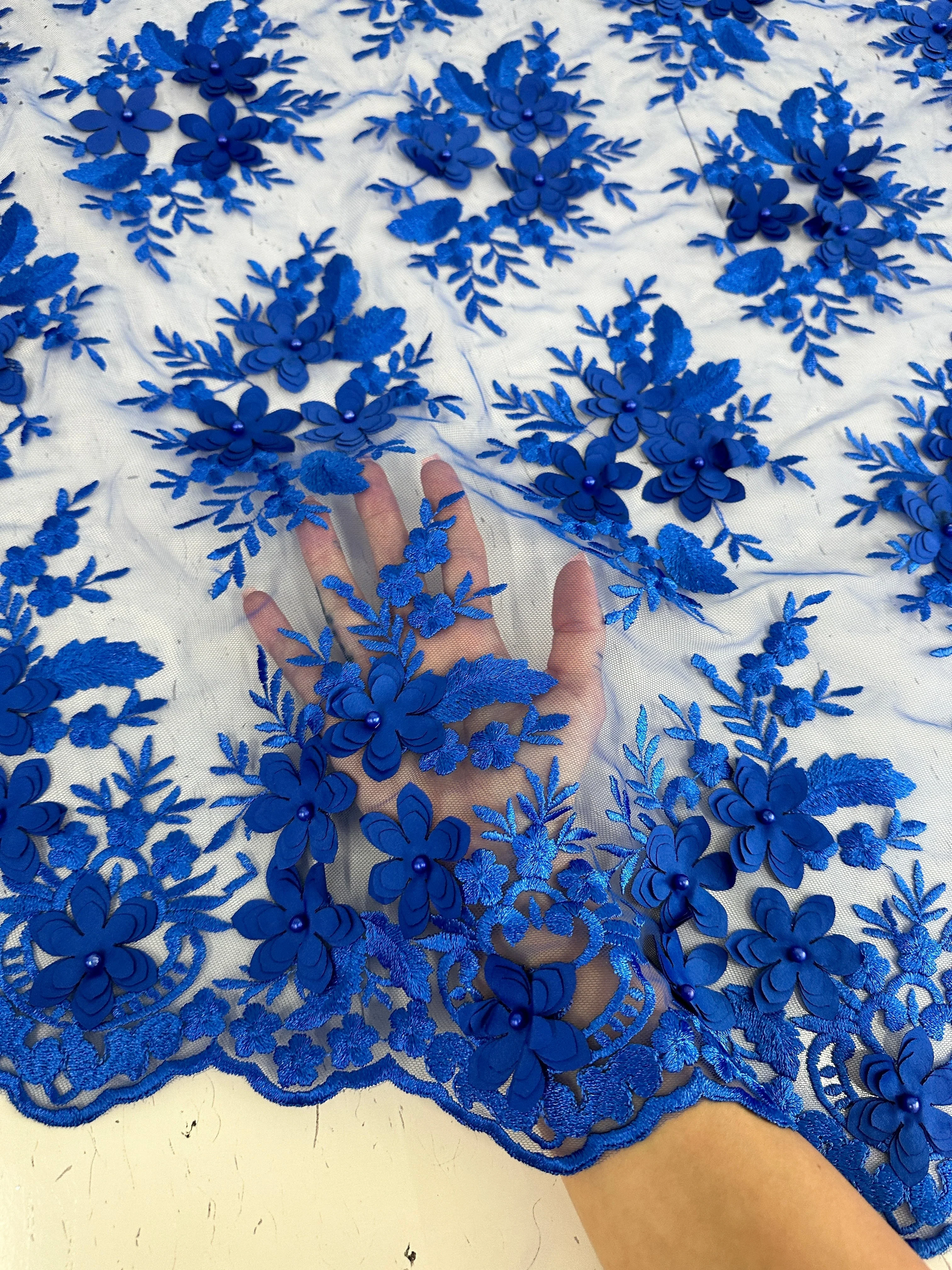 Royal Blue 3D Flower Scalloped Mesh Lace - Image 7