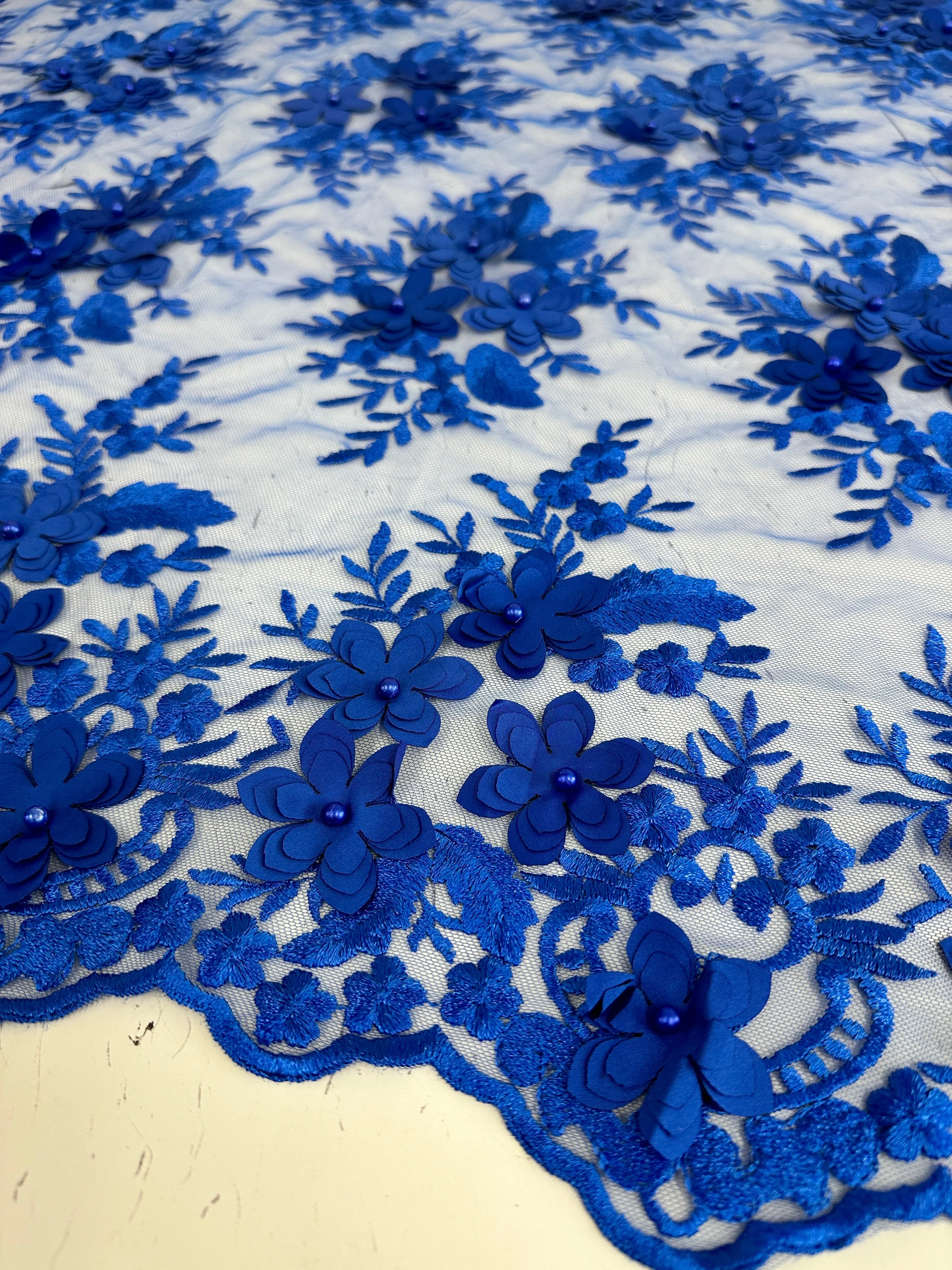 Royal Blue 3D Flower Scalloped Mesh Lace - Image 8