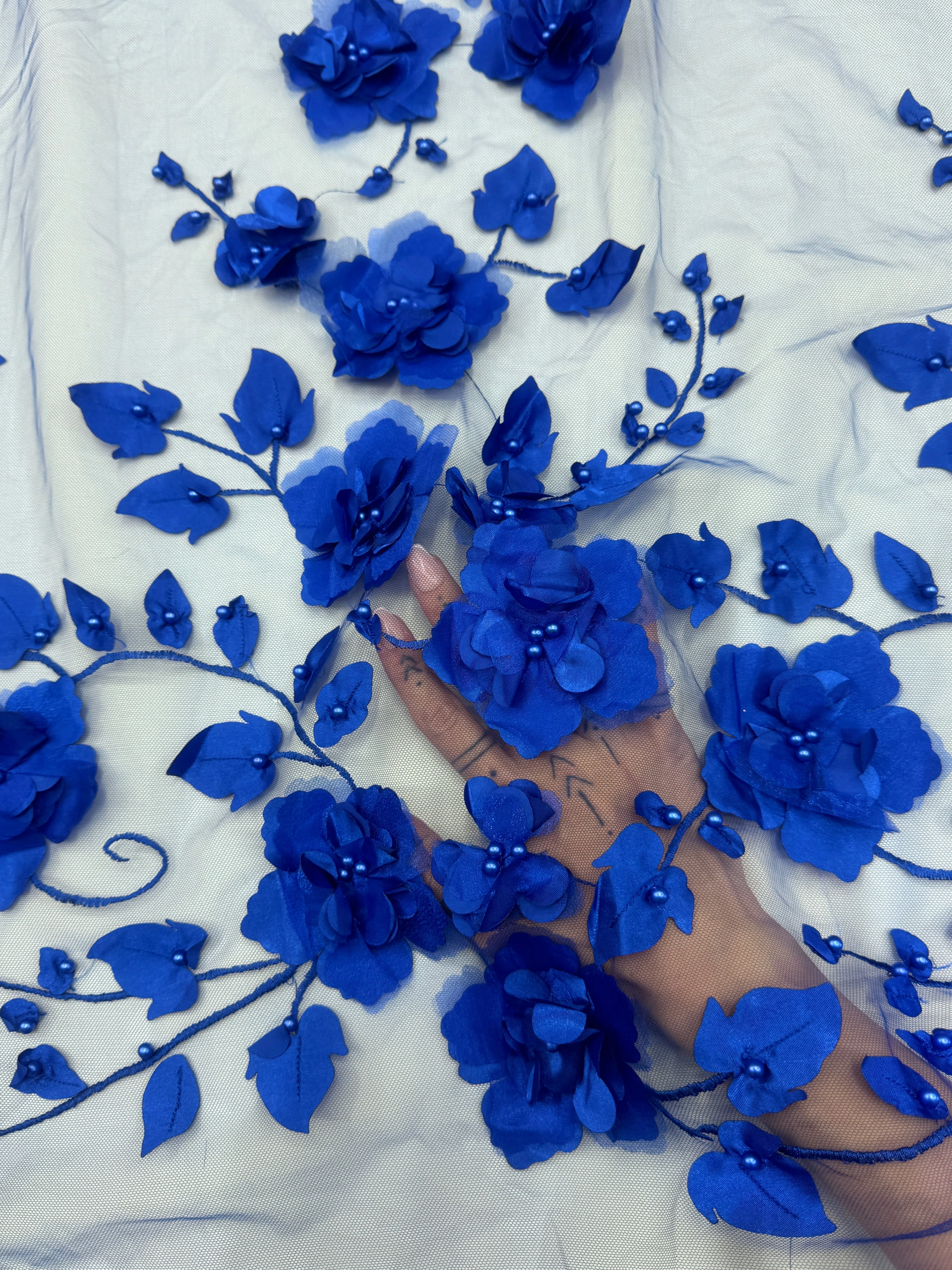 Royal Blue 3D Flower Beaded Lace Mesh