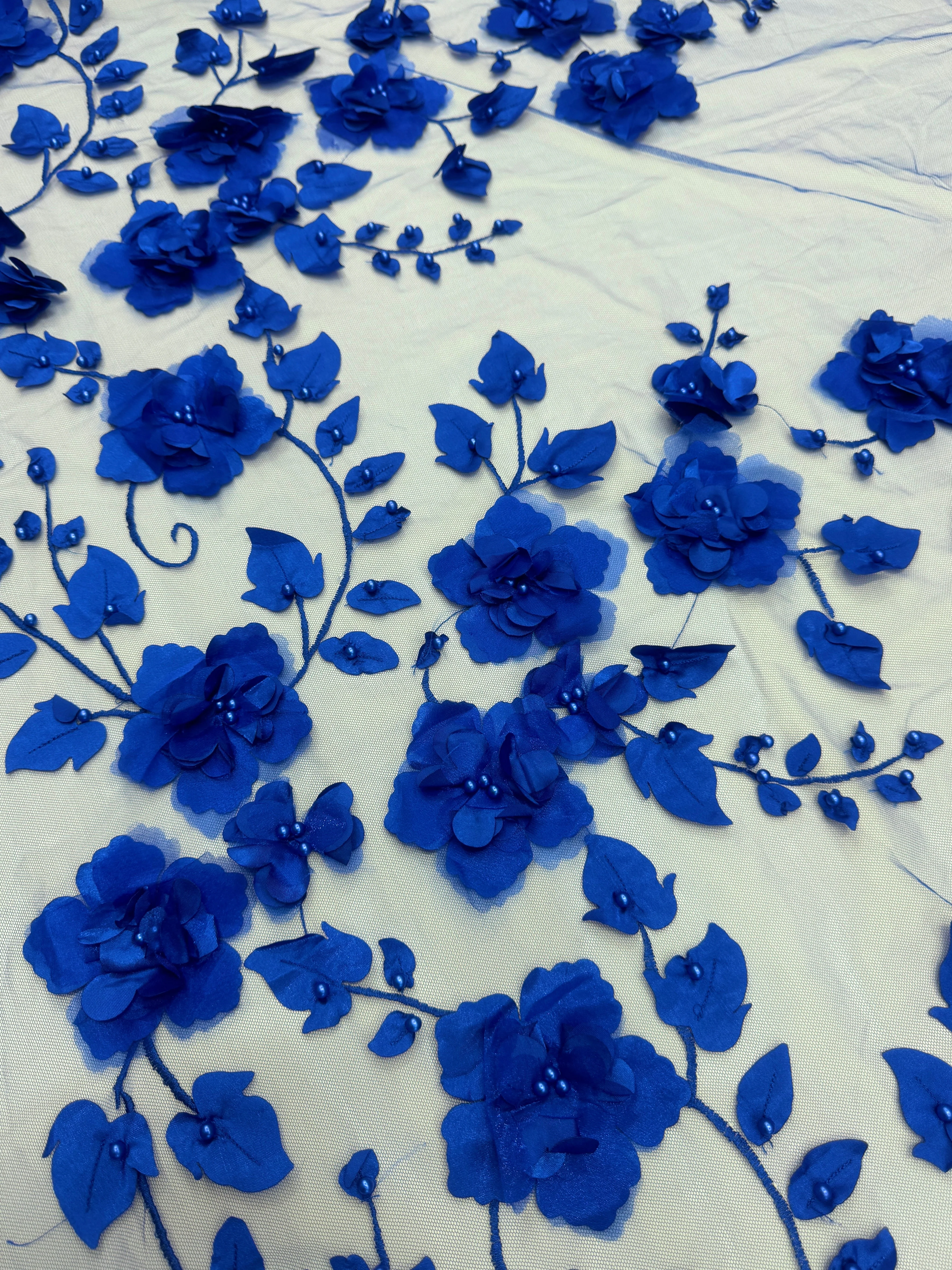 Royal Blue 3D Flower Beaded Lace Mesh - Image 2