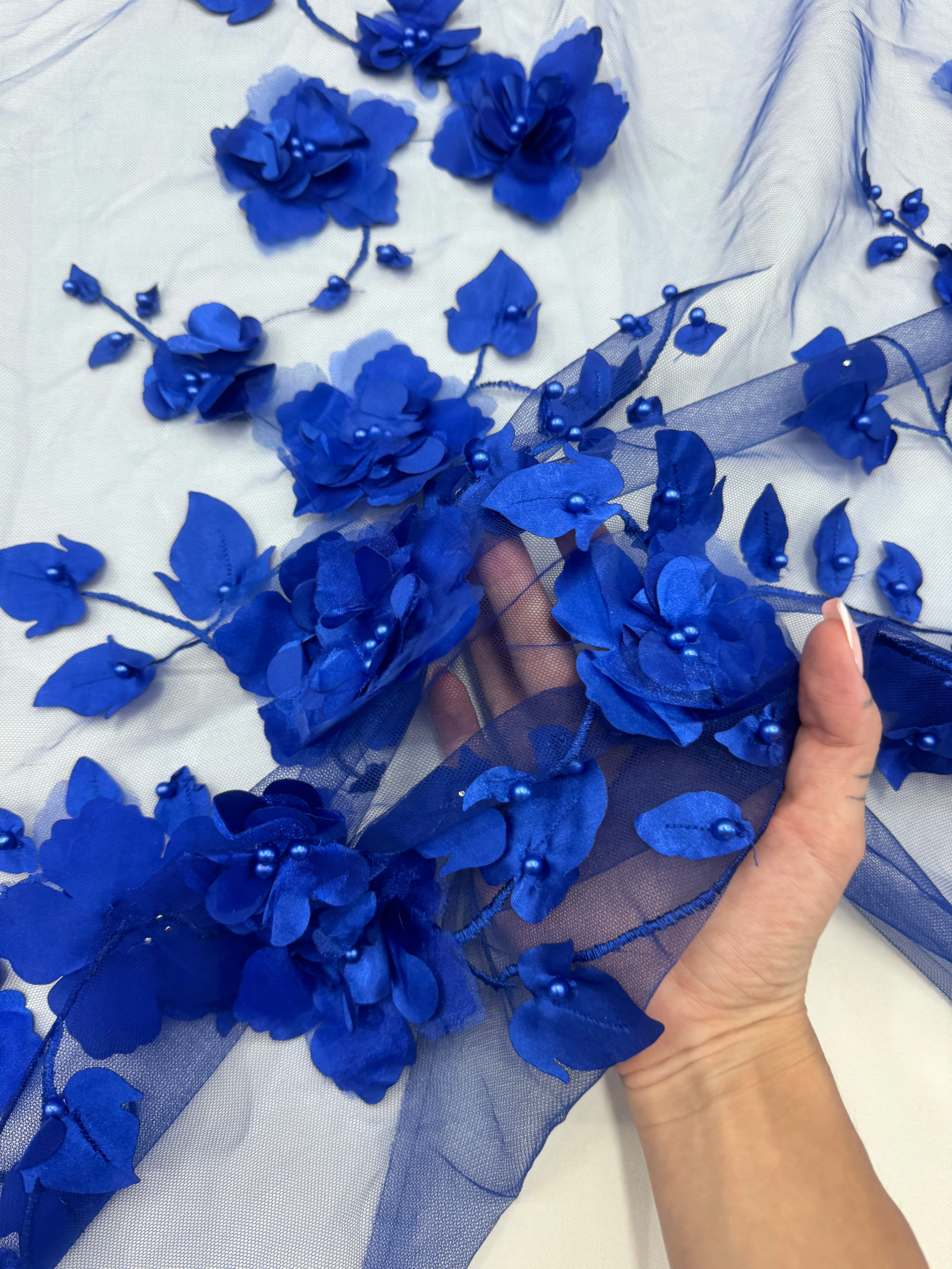 Royal Blue 3D Flower Beaded Lace Mesh - Image 3